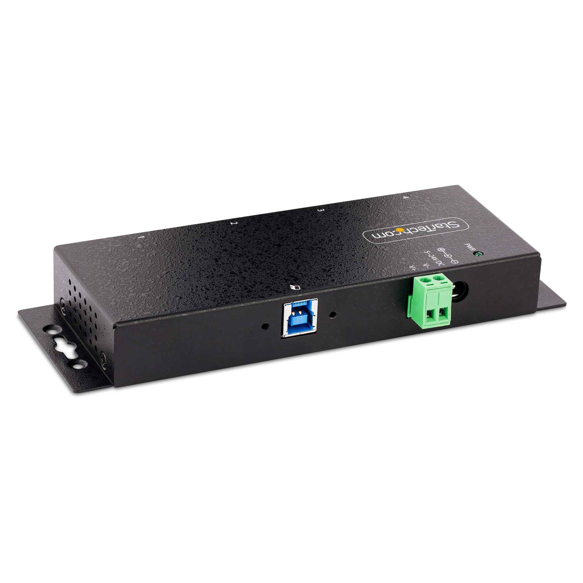 Schwarzer USB-Hub mit grünen Anschlüssen. Das StarTech.com-Logo ist sichtbar.
