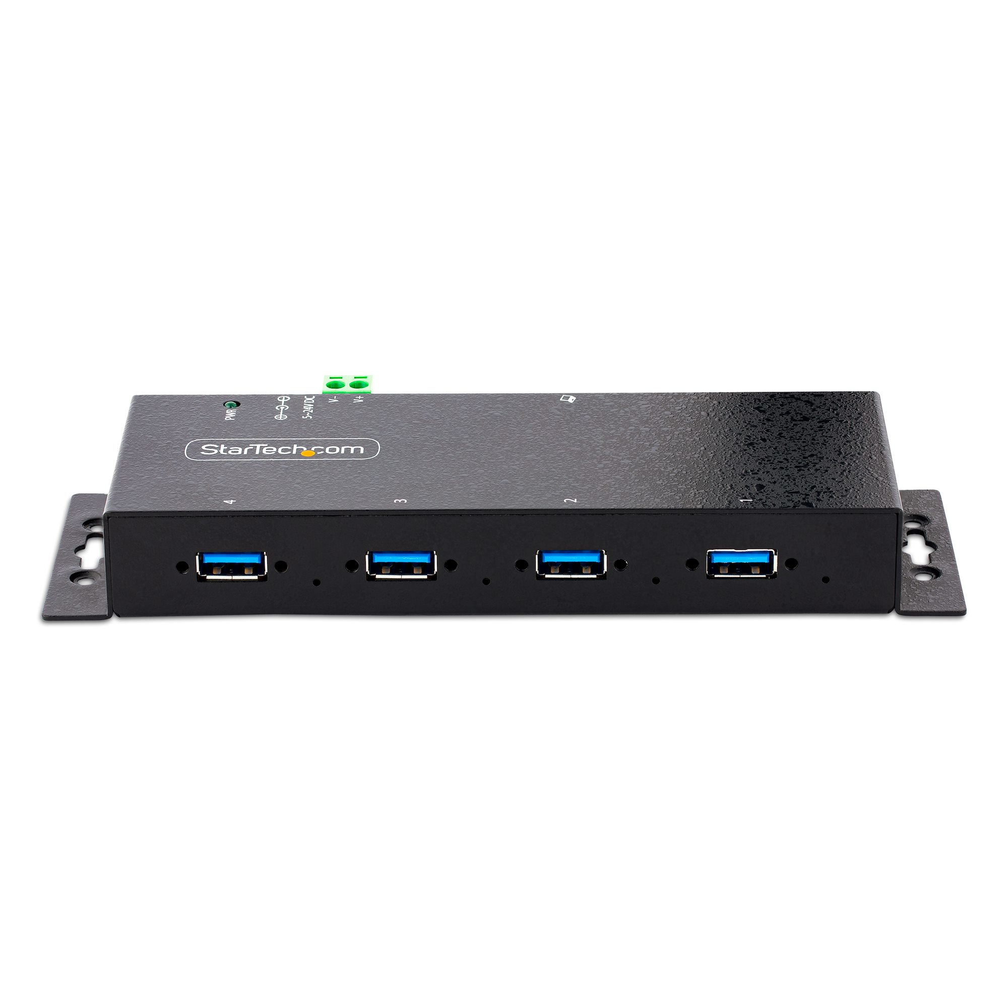 Schwarzer USB-Hub mit vier USB-Anschlüssen, beschriftet StarTech.com, mit Halterungen.