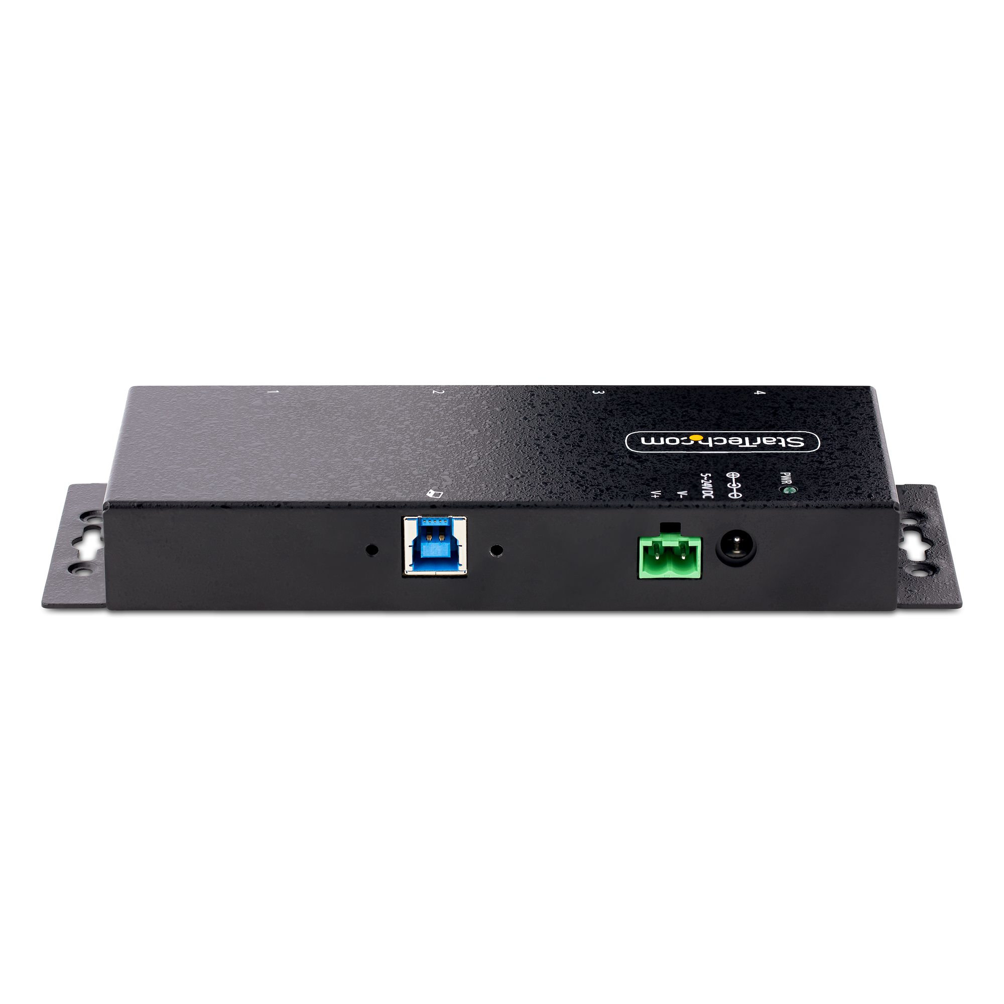 Schwarzer StarTech.com USB-Hub mit USB-Anschluss, Stromanschluss und grüner Power-Anzeige.