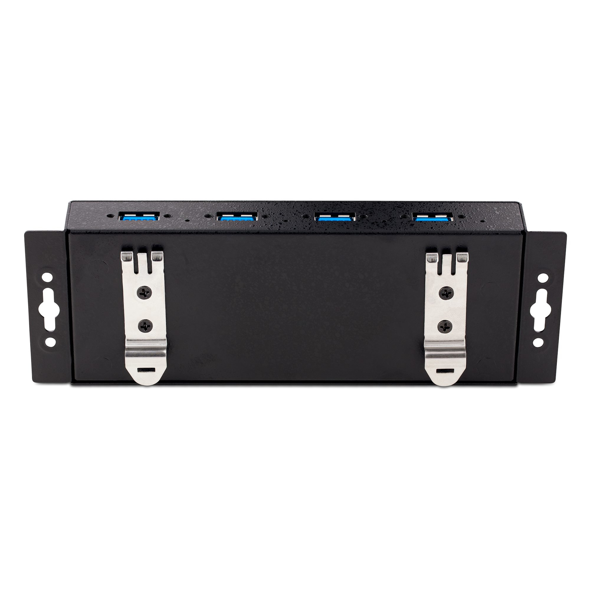 Ein schwarzer USB-Hub mit vier blauen USB-Anschlüssen und Montagehalterungen.
