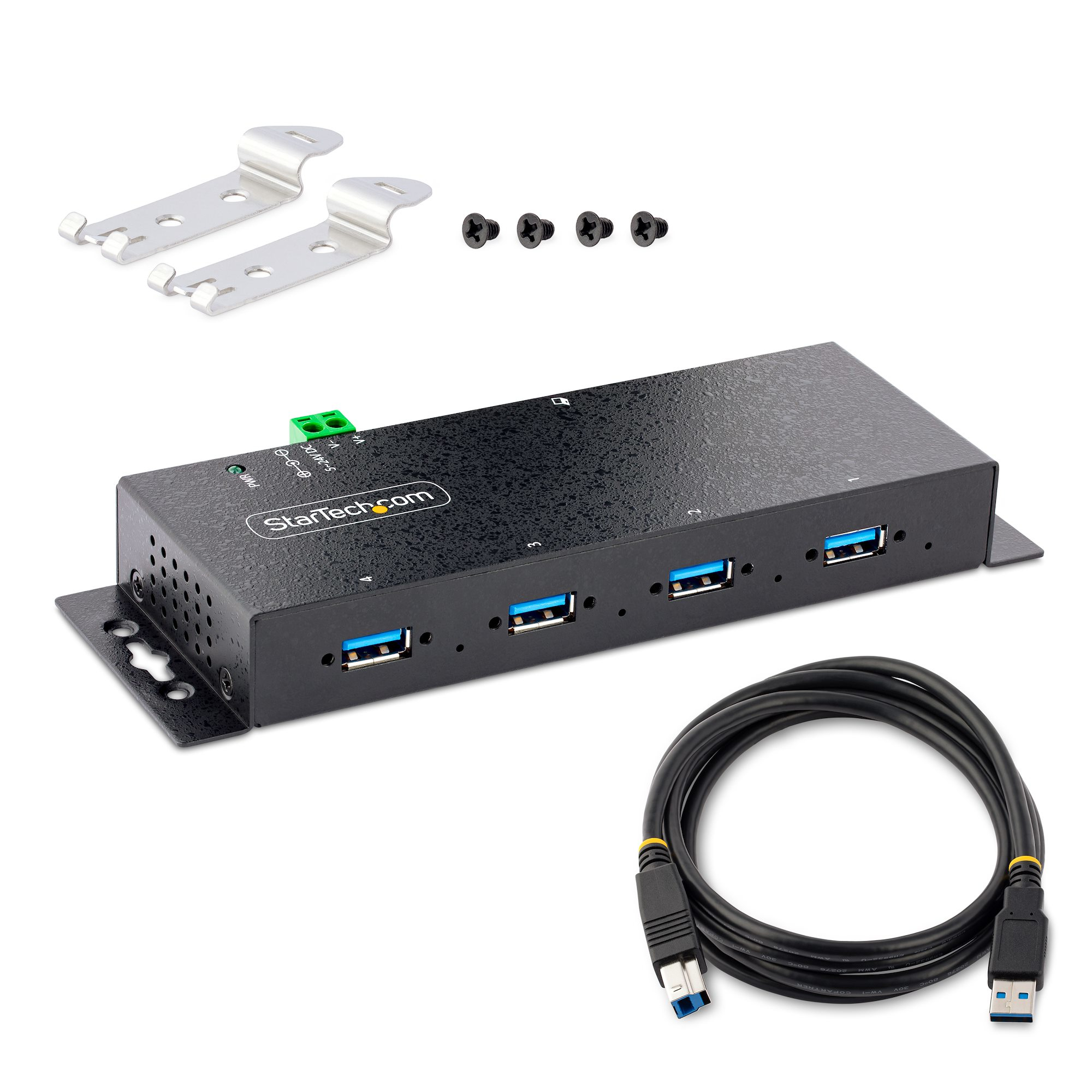 Schwarzer USB-Hub mit 4 USB 3.0-Anschlüssen, Kabel und Montagehalterungen. Schwarze Farbe und metallische Akzente.