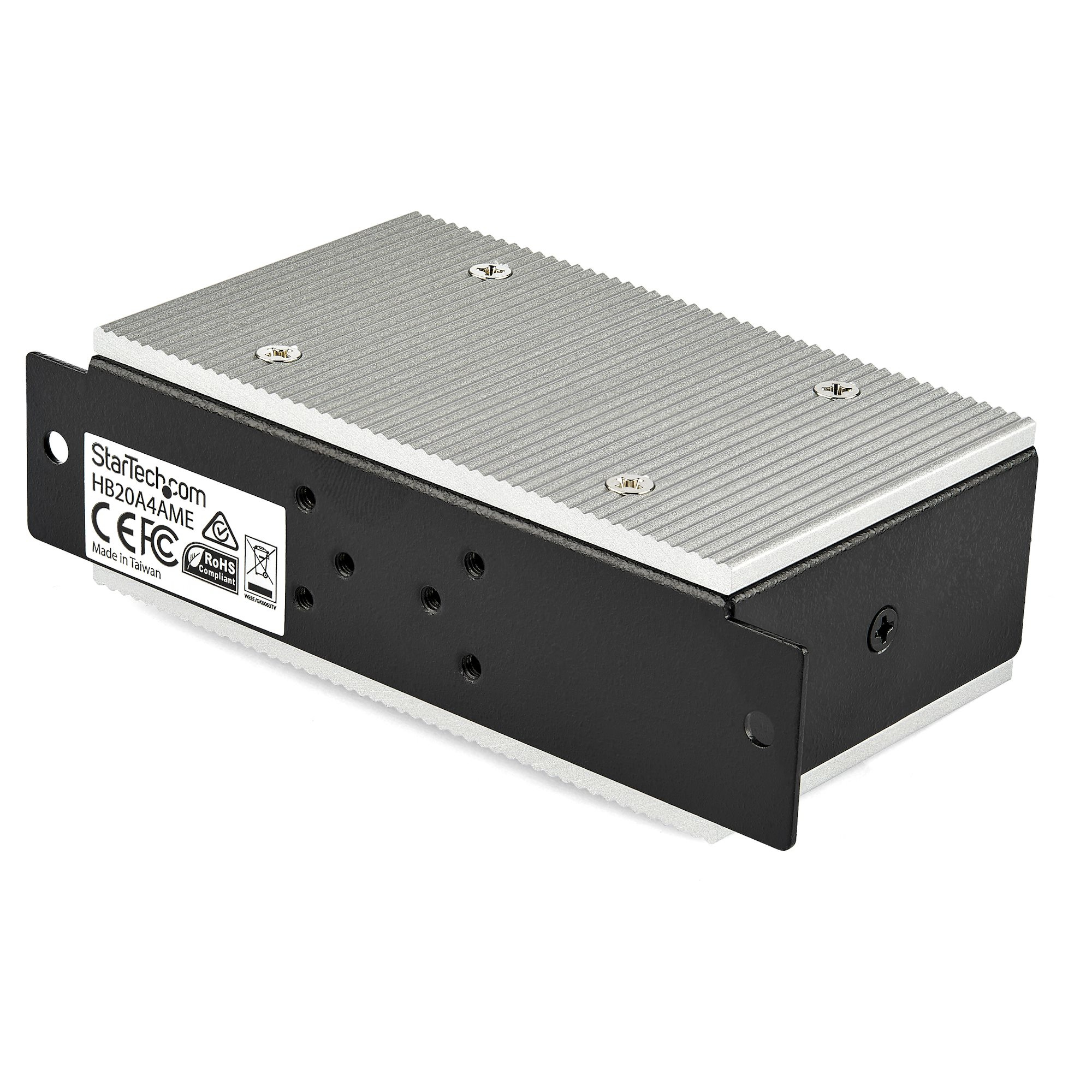 Dispositivo elettronico argento e nero con viti ed etichetta.