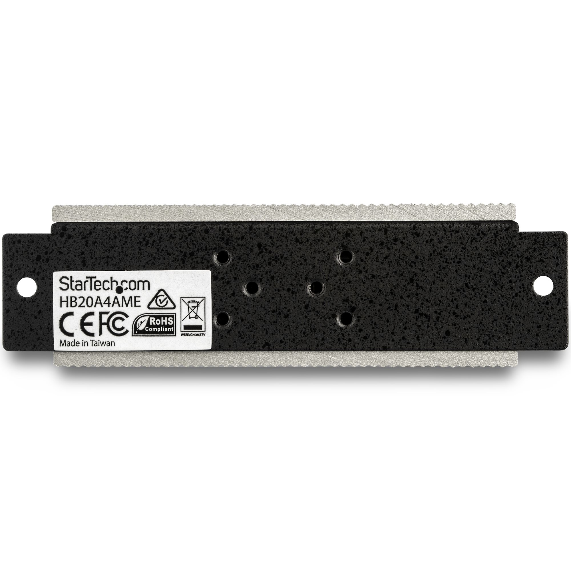 Un hub USB HB20A4AME StarTech.com nero con testo e loghi bianchi.
