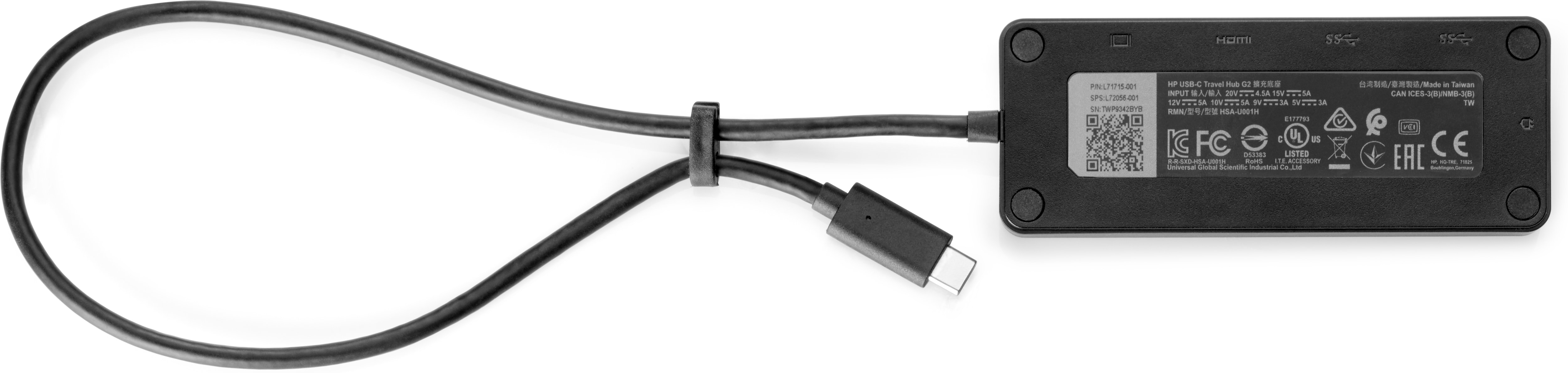 Ein schwarzer HP USB-C-Hub mit angeschlossenem Kabel. Das Kabel ist geschlungen und mit einem schwarzen Band befestigt.