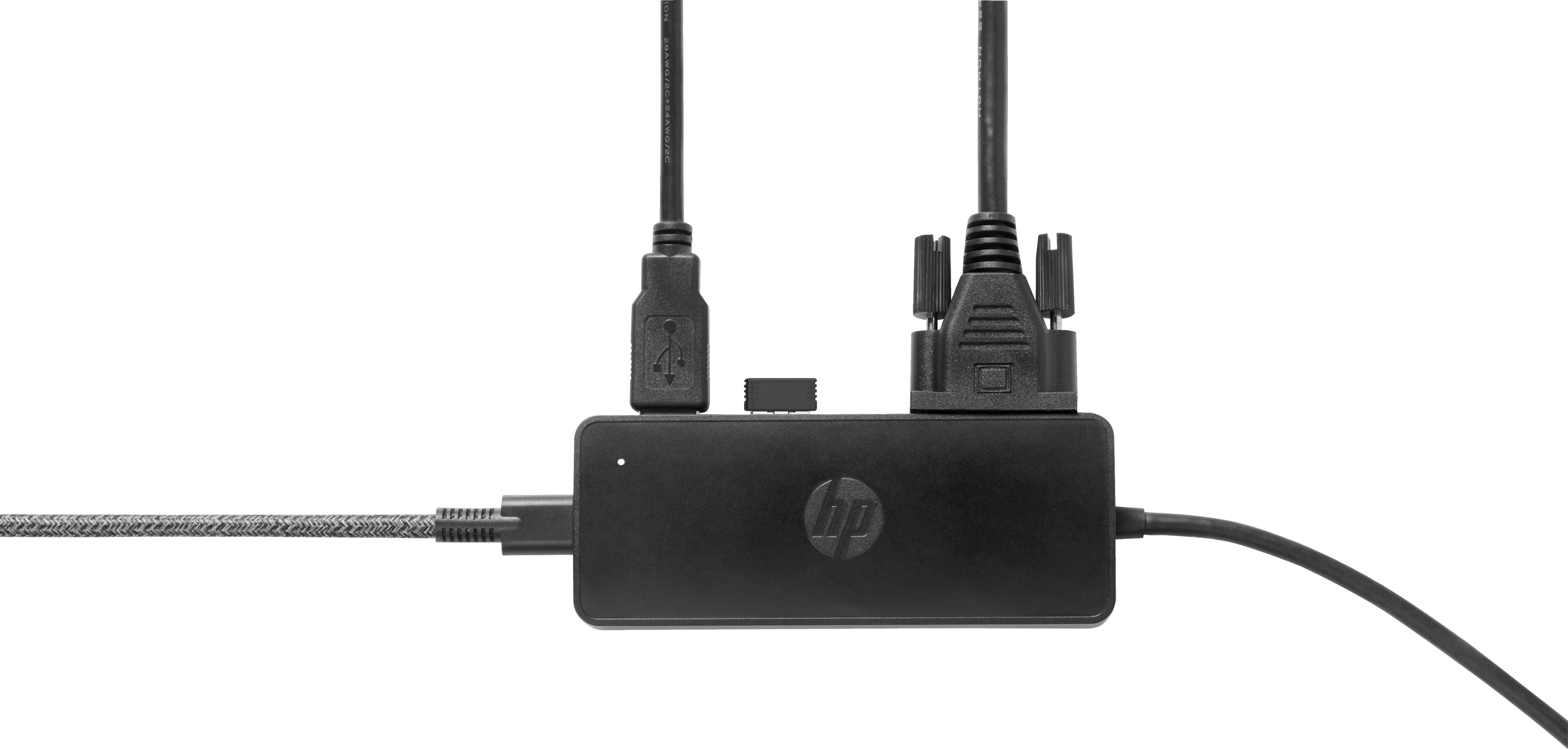 Schwarzer HP-Adapter mit USB, VGA und anderen Anschlüssen. Weißer Hintergrund.