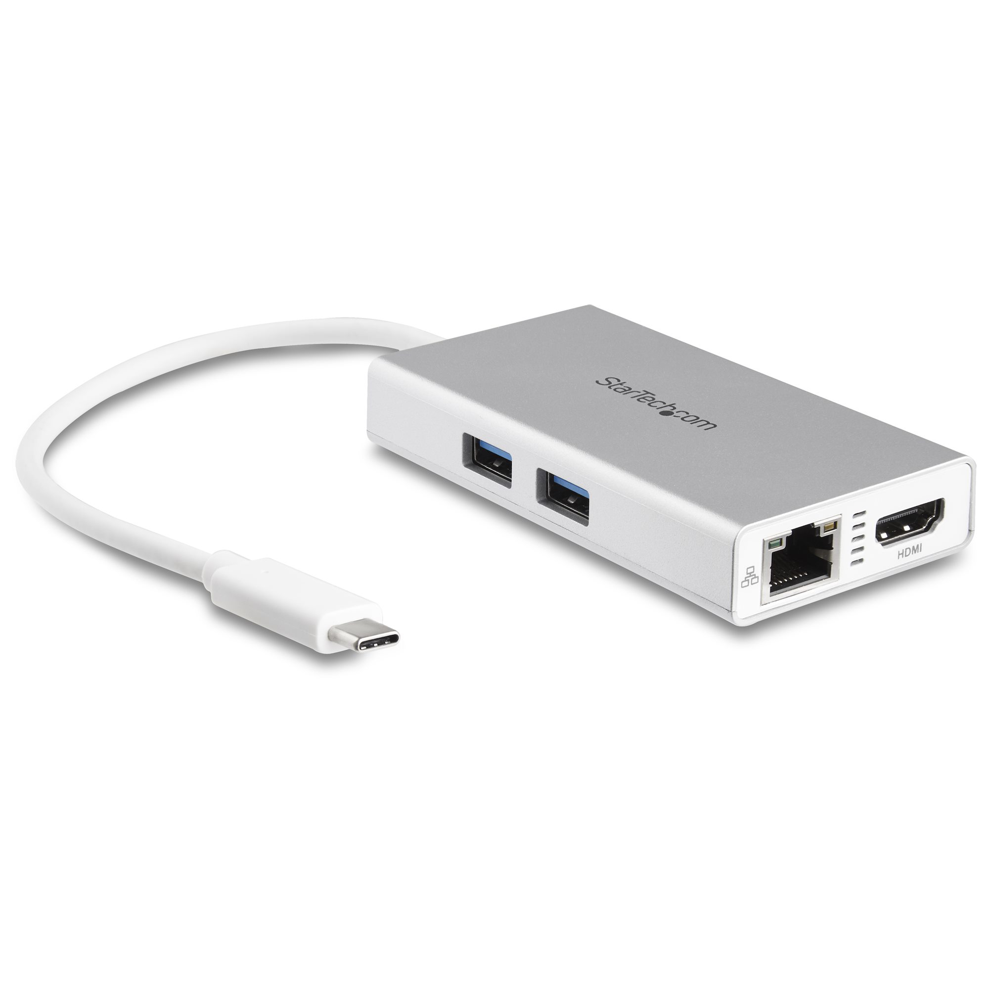 Hub argento con porte e cavo bianco. Connettore di tipo C. Le porte includono USB e HDMI.