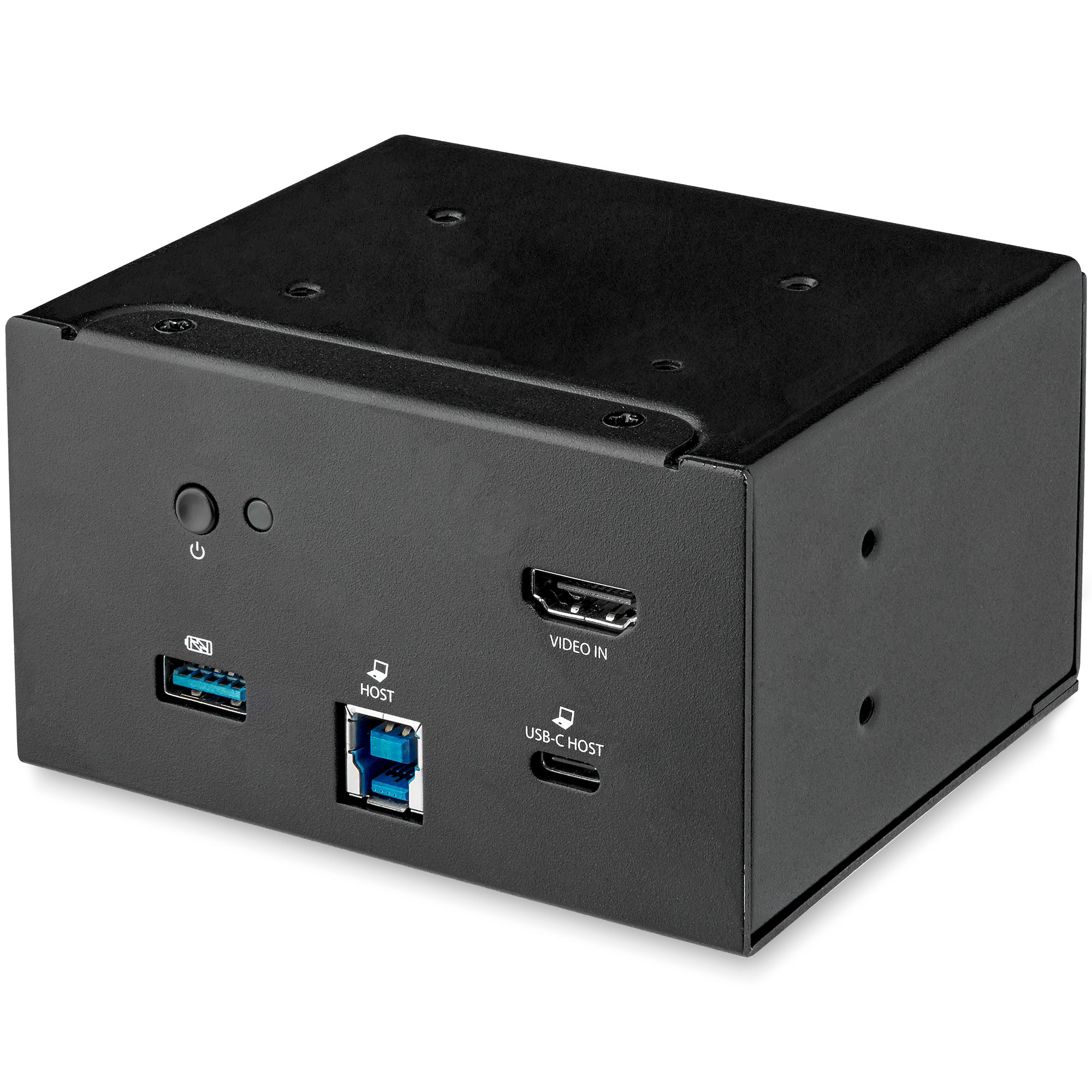 Eine schwarze Box mit mehreren Anschlüssen: USB, HDMI und USB-C. Die Oberfläche hat einen Power-Button.