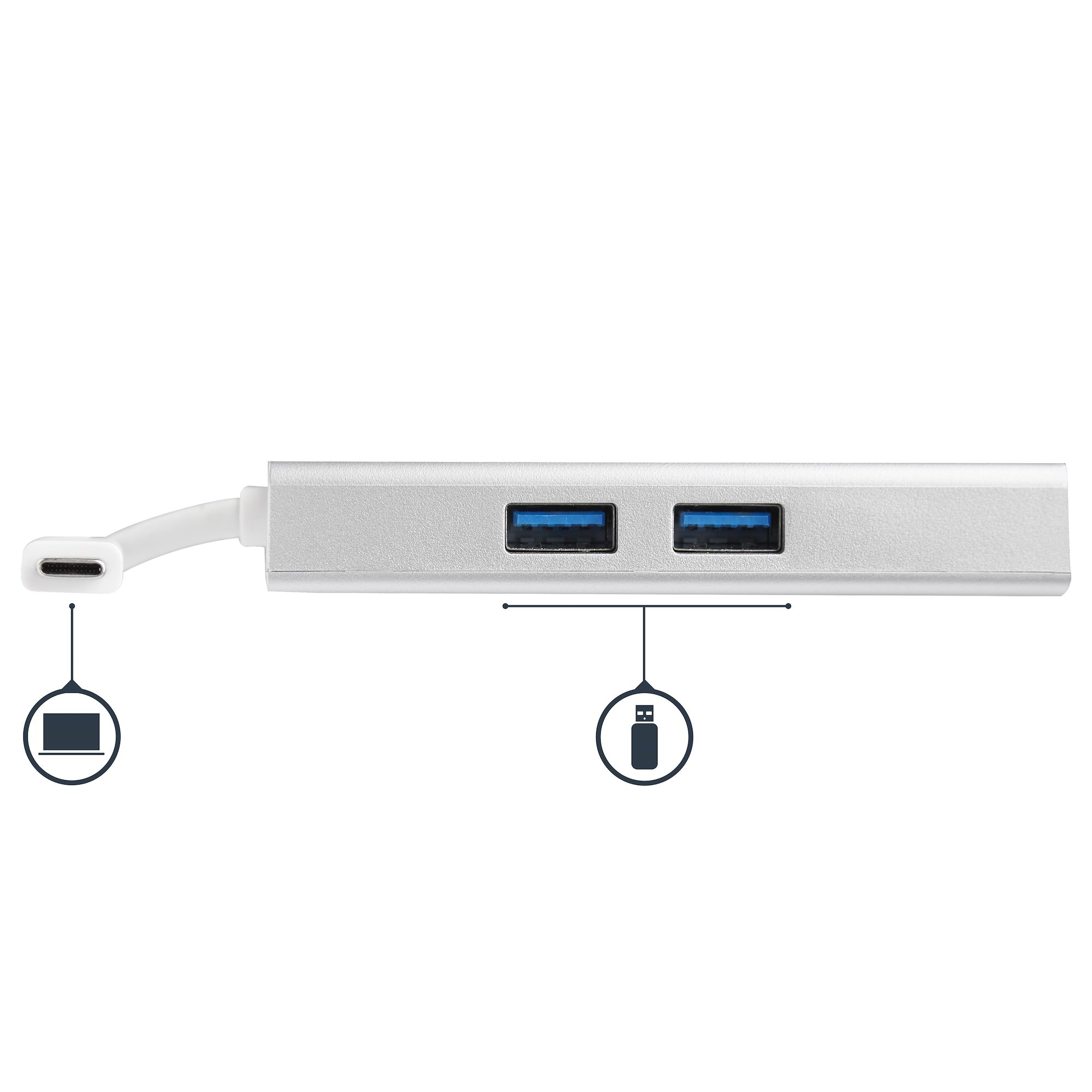 Un hub USB argentato con due porte USB-A e una porta USB-C con un cavo bianco.