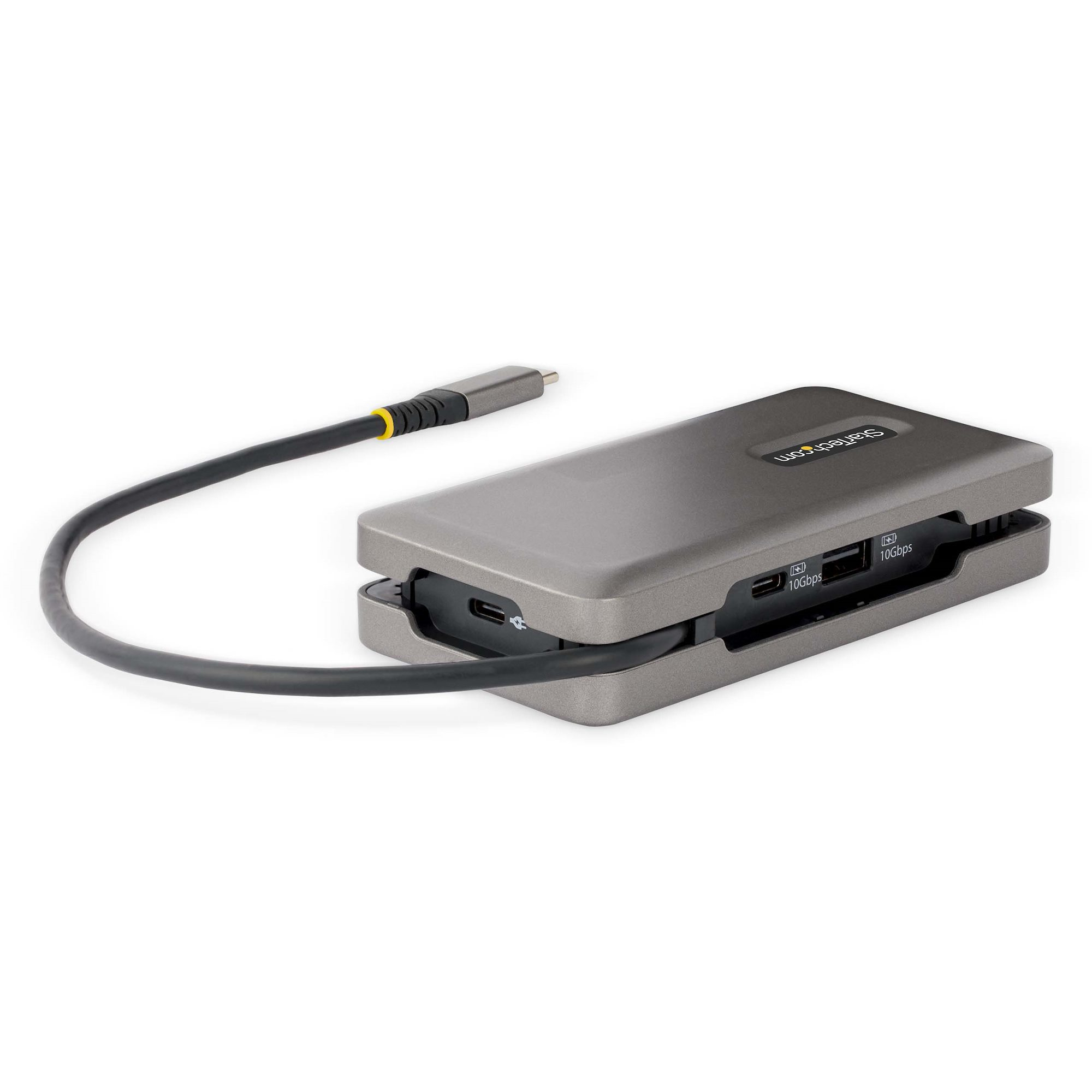 Un hub grigio con un cavo collegato. Ha porte etichettate '10Gpbs' e un marchio.