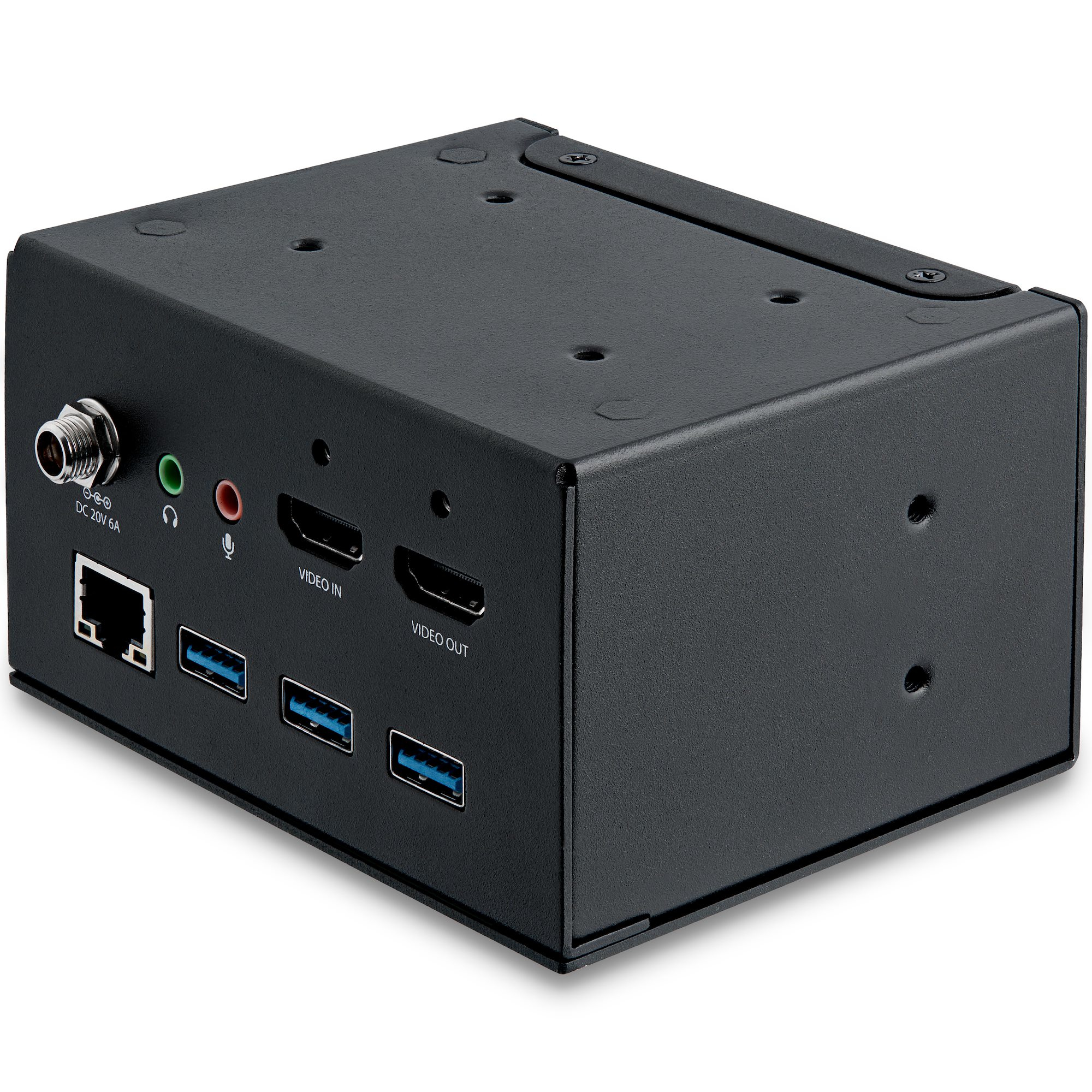 Ein schwarzes Gerät mit Anschlüssen: Ethernet, Audio, HDMI und USB. Weißer Hintergrund.