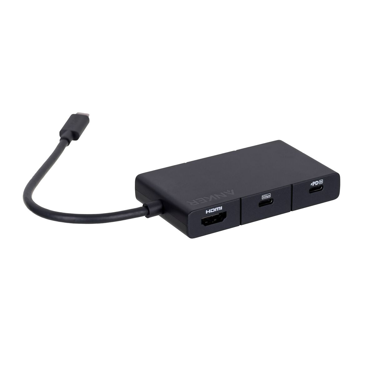 Hub USB-C Anker nero con porte HDMI, USB e PD su sfondo bianco.
