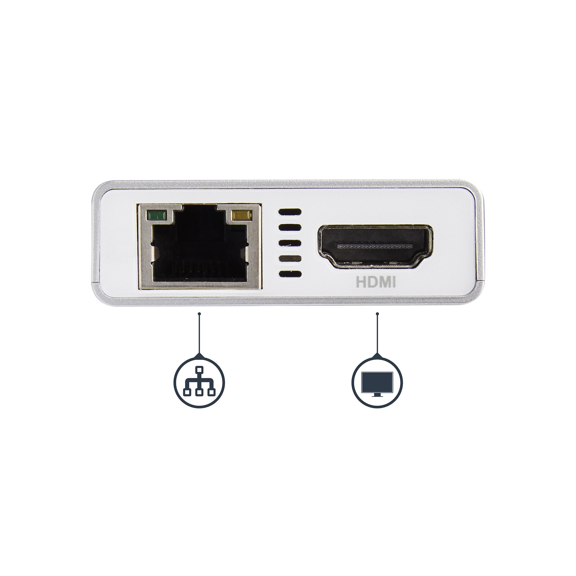 Un primo piano di un dispositivo argento con porte Ethernet, HDMI e altre porte di connessione.