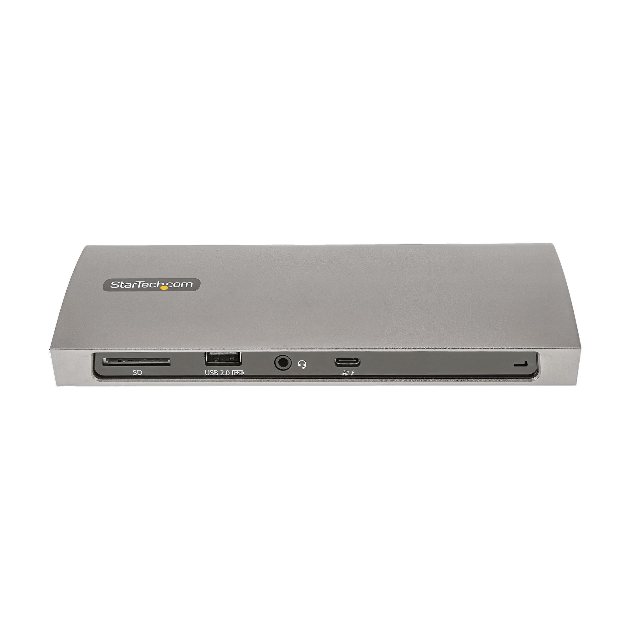 Stazione di docking argento con varie porte, tra cui SD, USB 2.0 e audio, isolata su bianco.