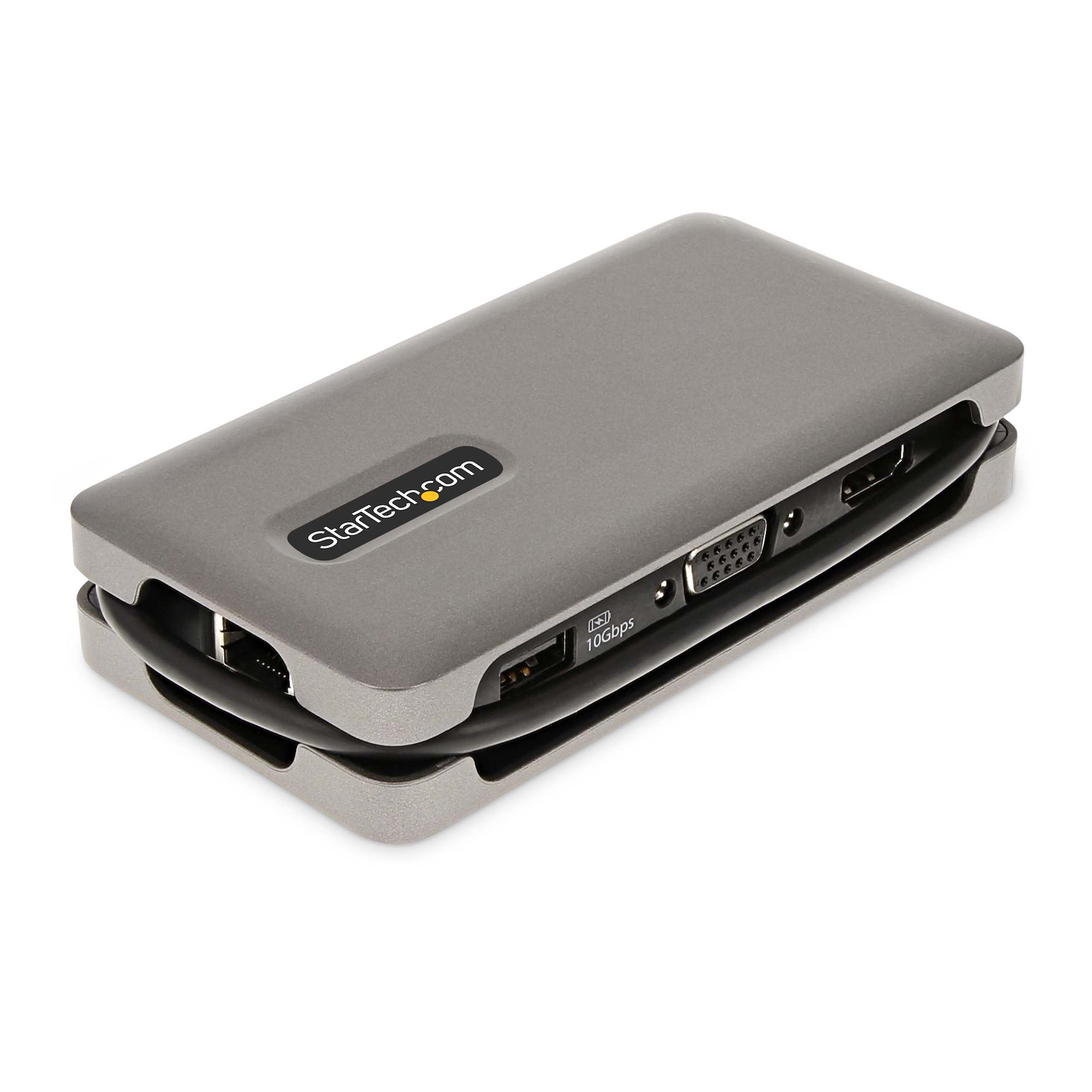 Un dispositivo hub grigio StarTech.com con più porte, su sfondo bianco.