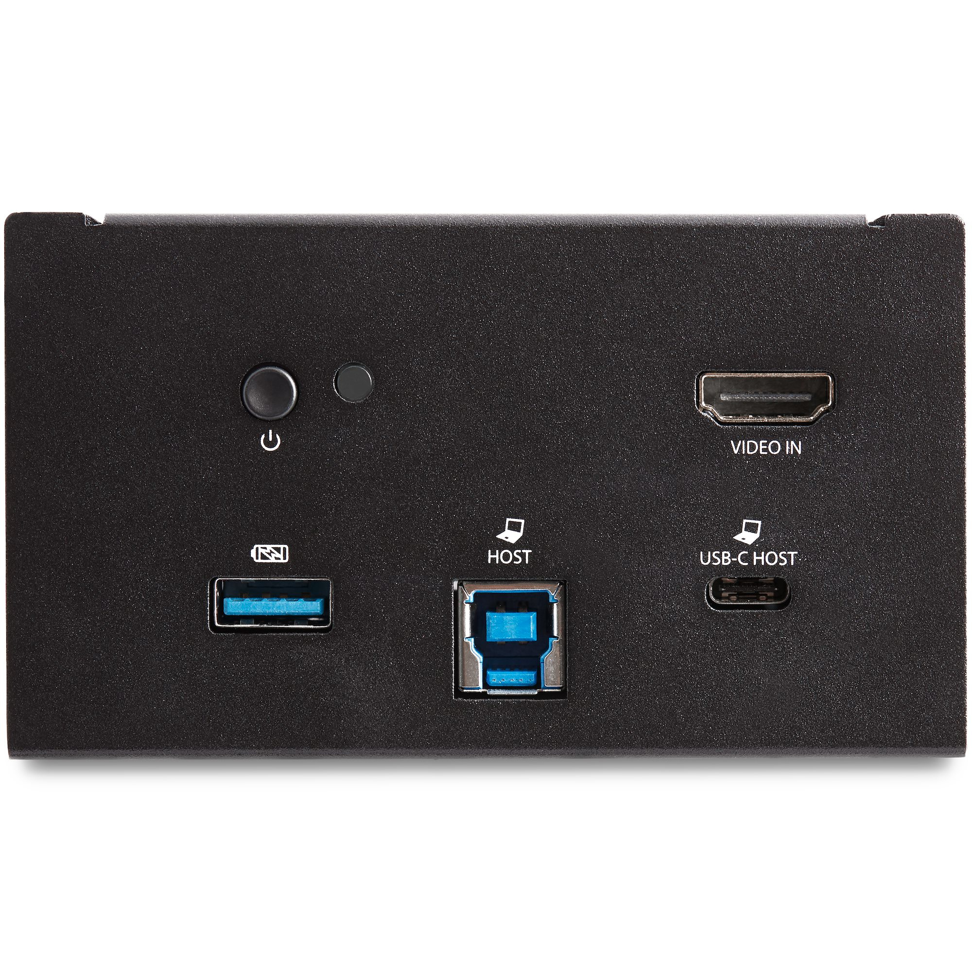 Schwarzer USB-Hub mit mehreren Anschlüssen und einem Power-Knopf.