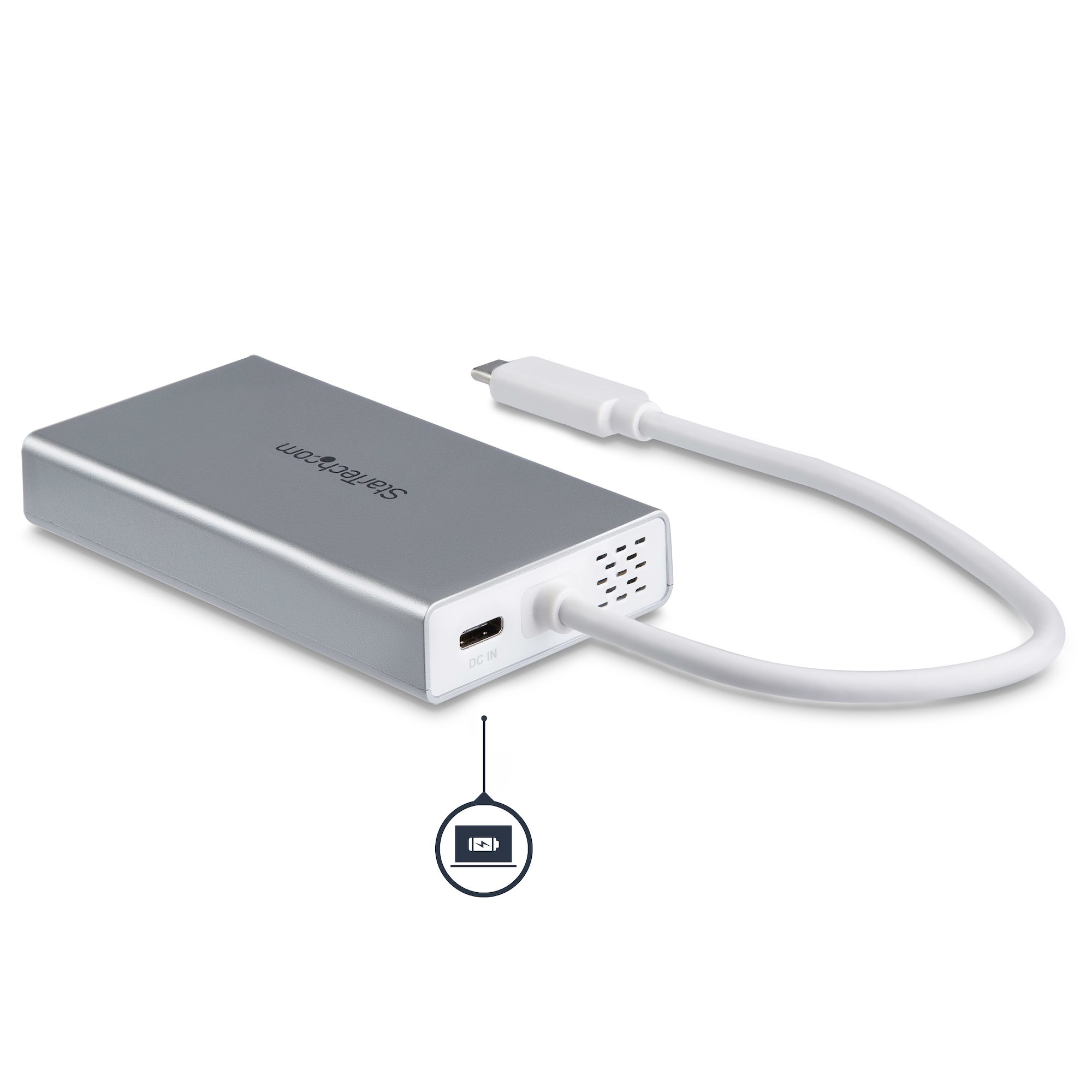 Hub USB-C argento e grigio con cavo.