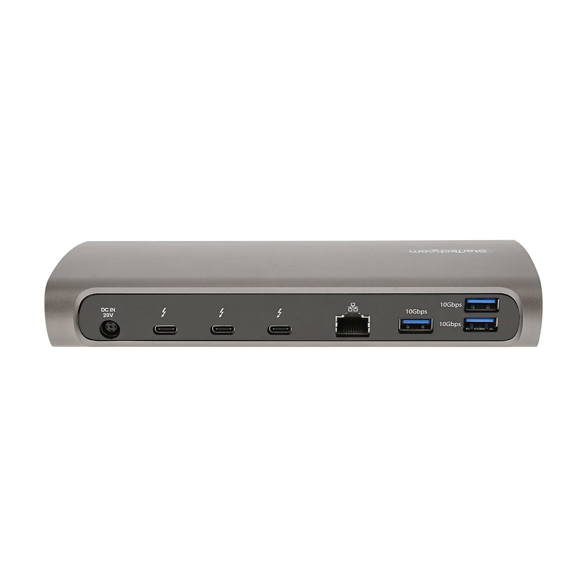 Hub USB argentato con più porte, inclusi USB ed Ethernet, isolato.