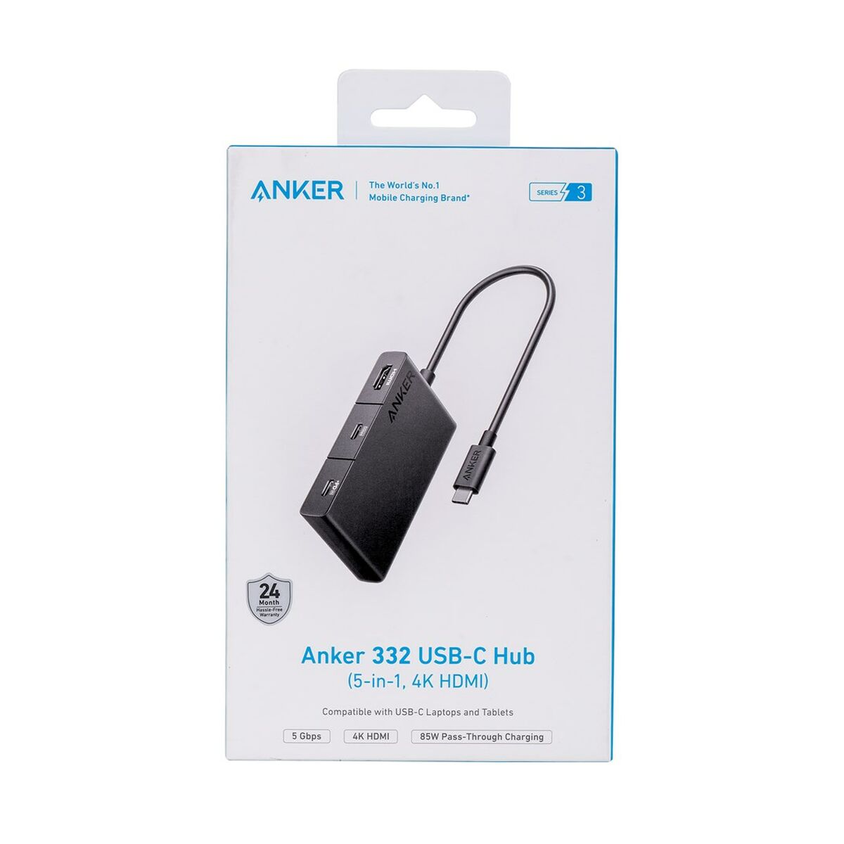 Hub USB-C Anker in confezione, scatola bianca con dettagli e immagini del prodotto.