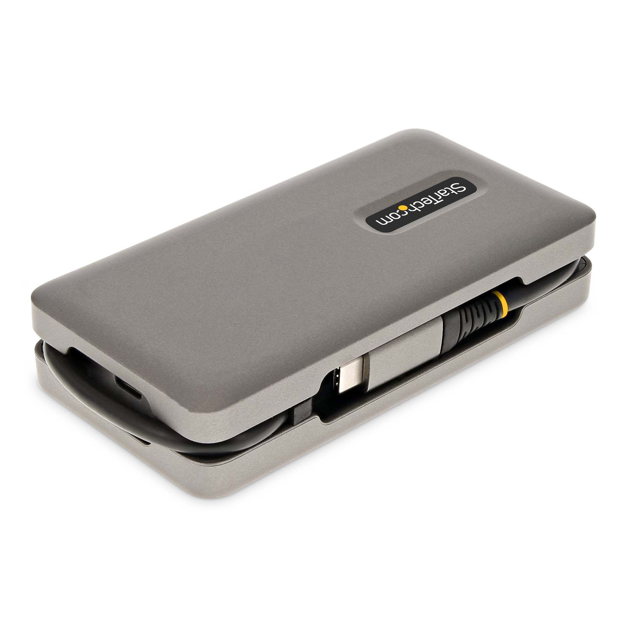 Custodia grigia Startech per hard disk esterno. Cavo USB e connettore visibili. Sfondo bianco.