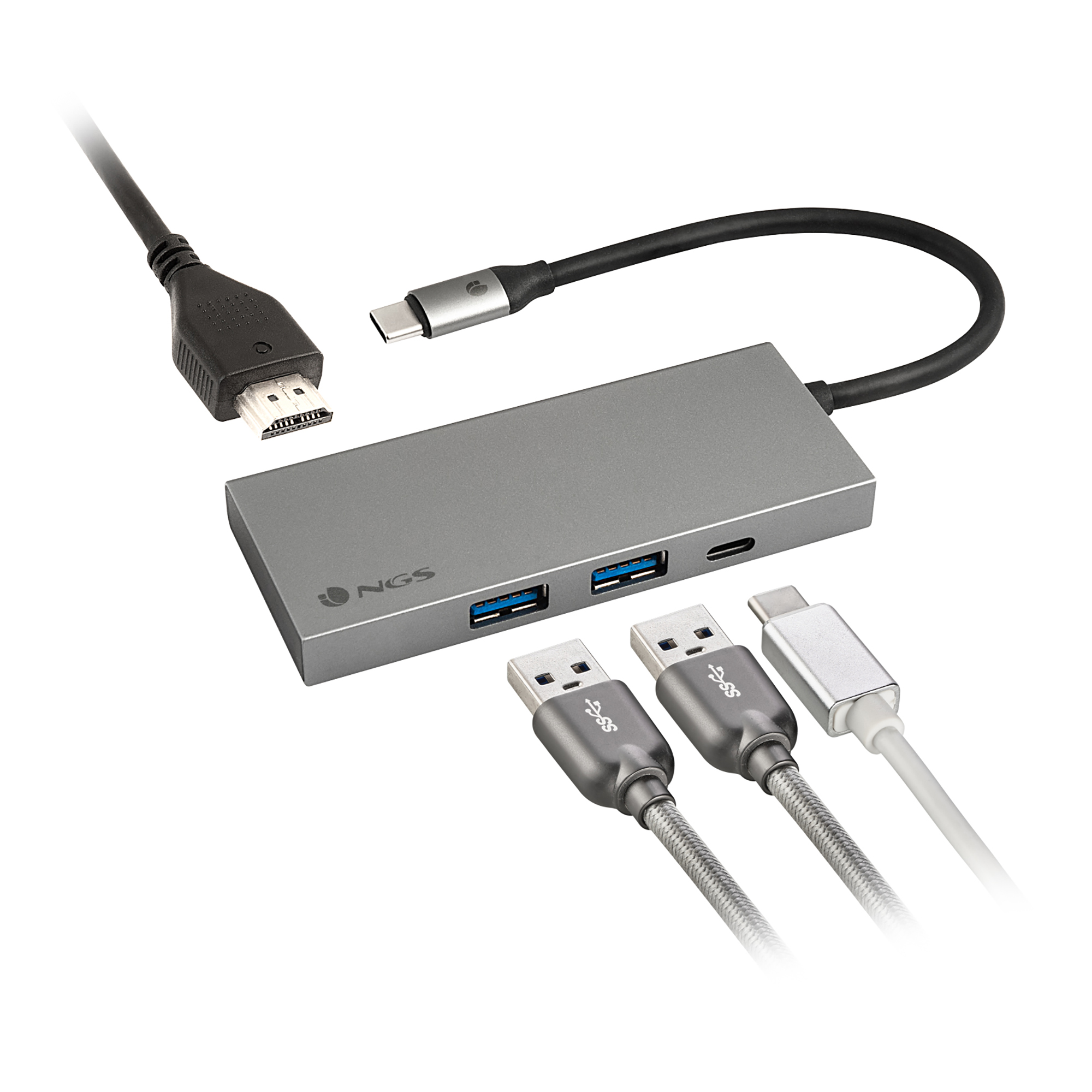 Ein grauer Hub mit Kabeln und USB-Anschlüssen, HDMI, USB-A auf weißem Hintergrund.