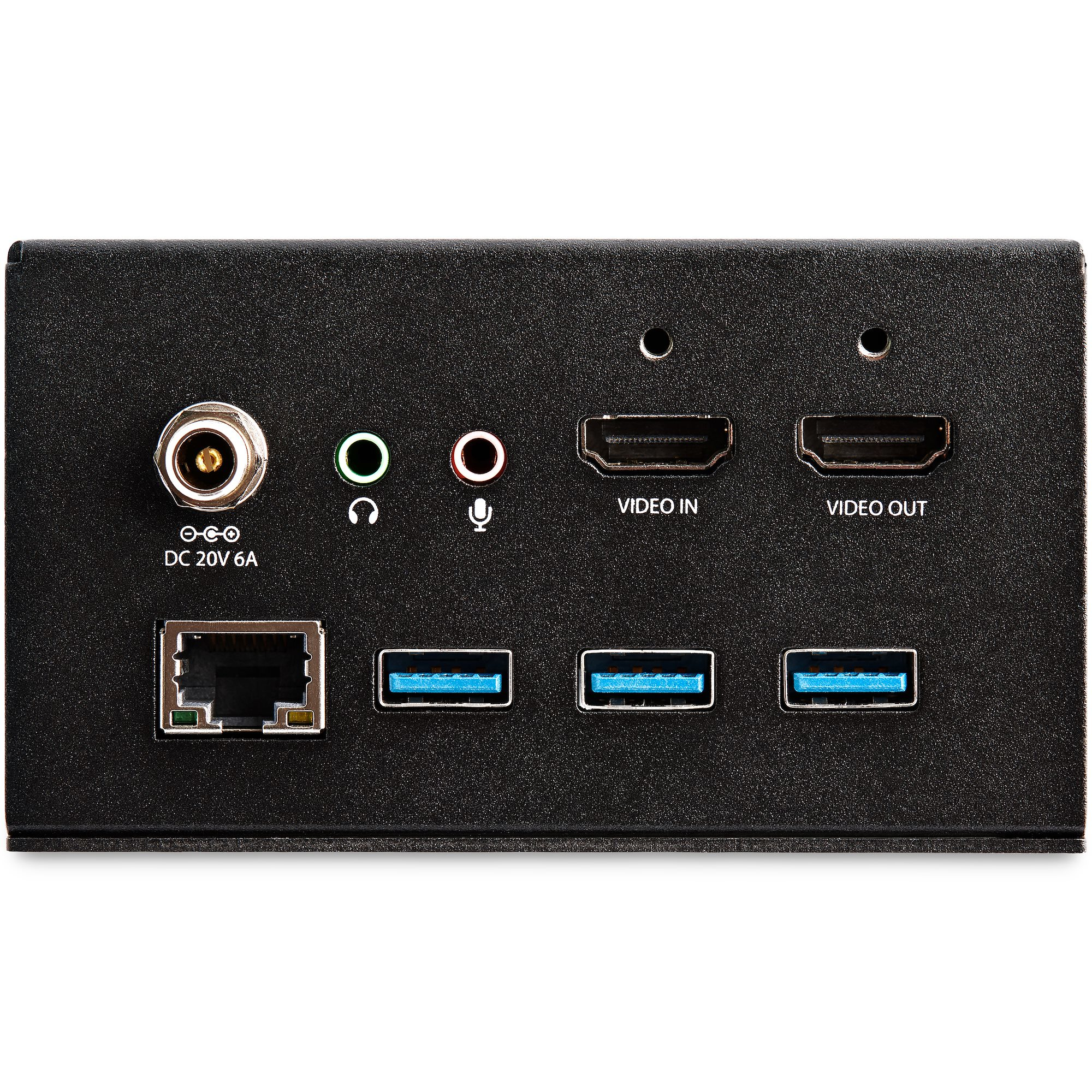Schwarzes rechteckiges Gerät mit Anschlüssen für Video, Audio, USB und Netzwerk.