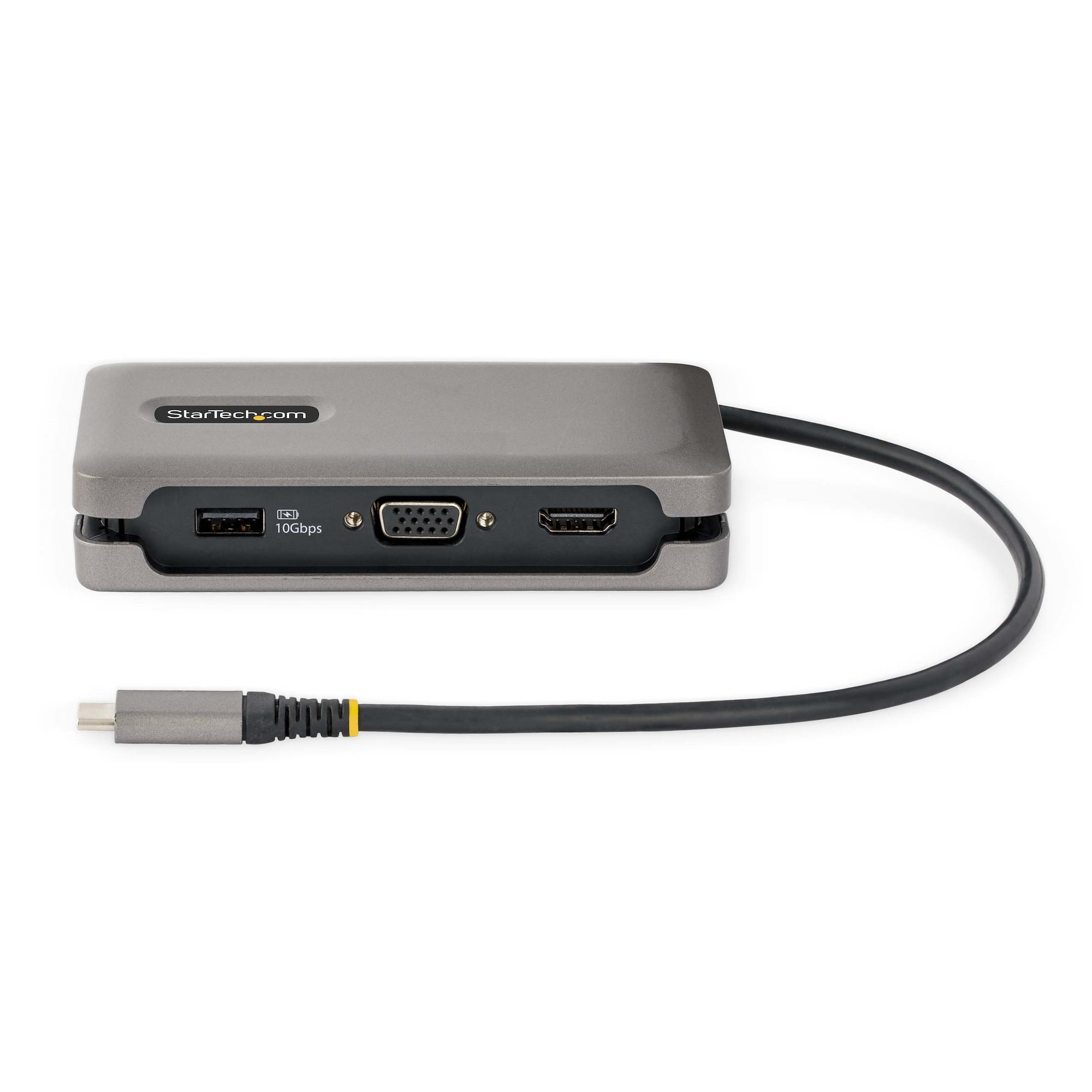Una docking station grigio argento con più porte e un cavo nero.