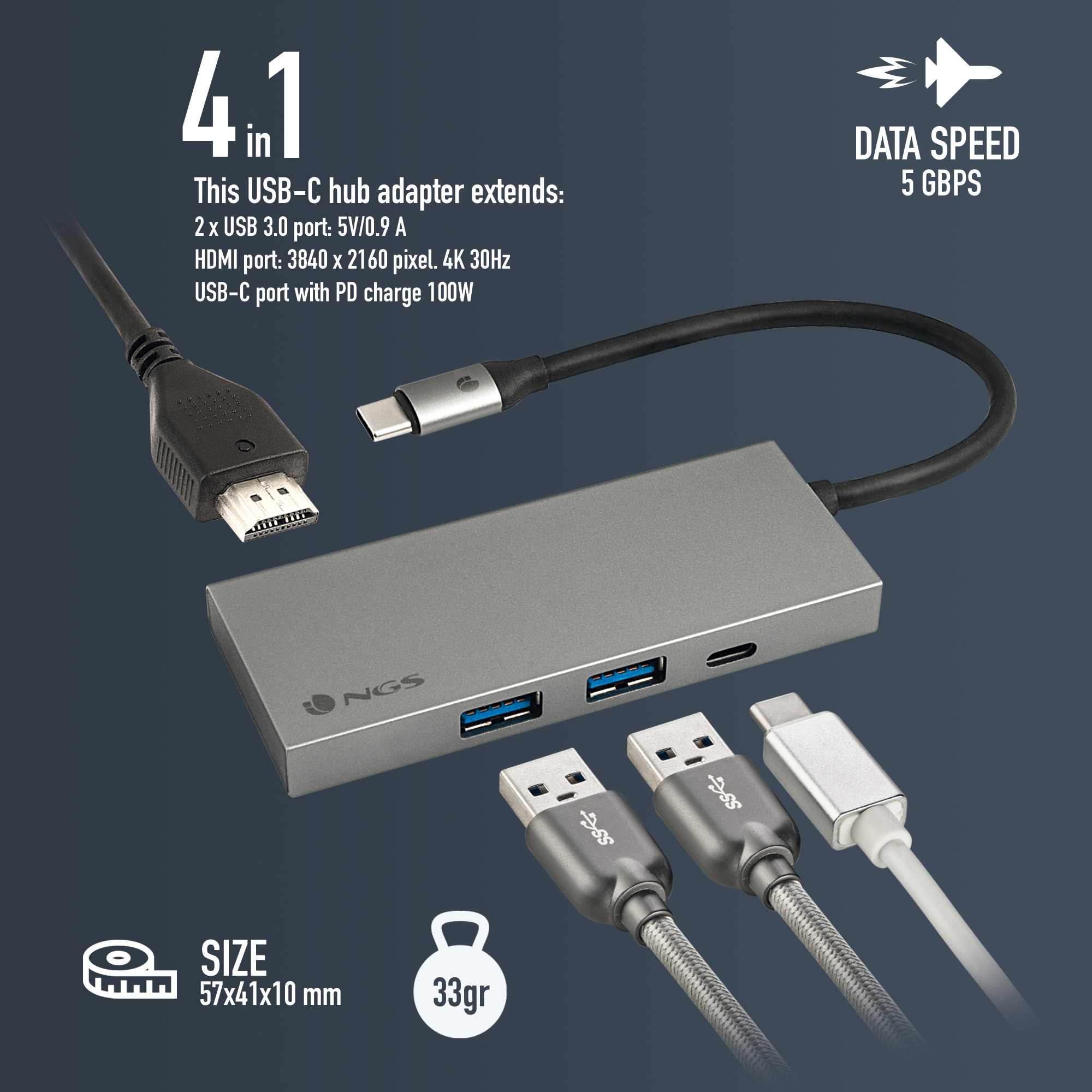 Silberner USB-Hub mit mehreren Anschlüssen und Kabeln, plus Text über seine Funktionen.