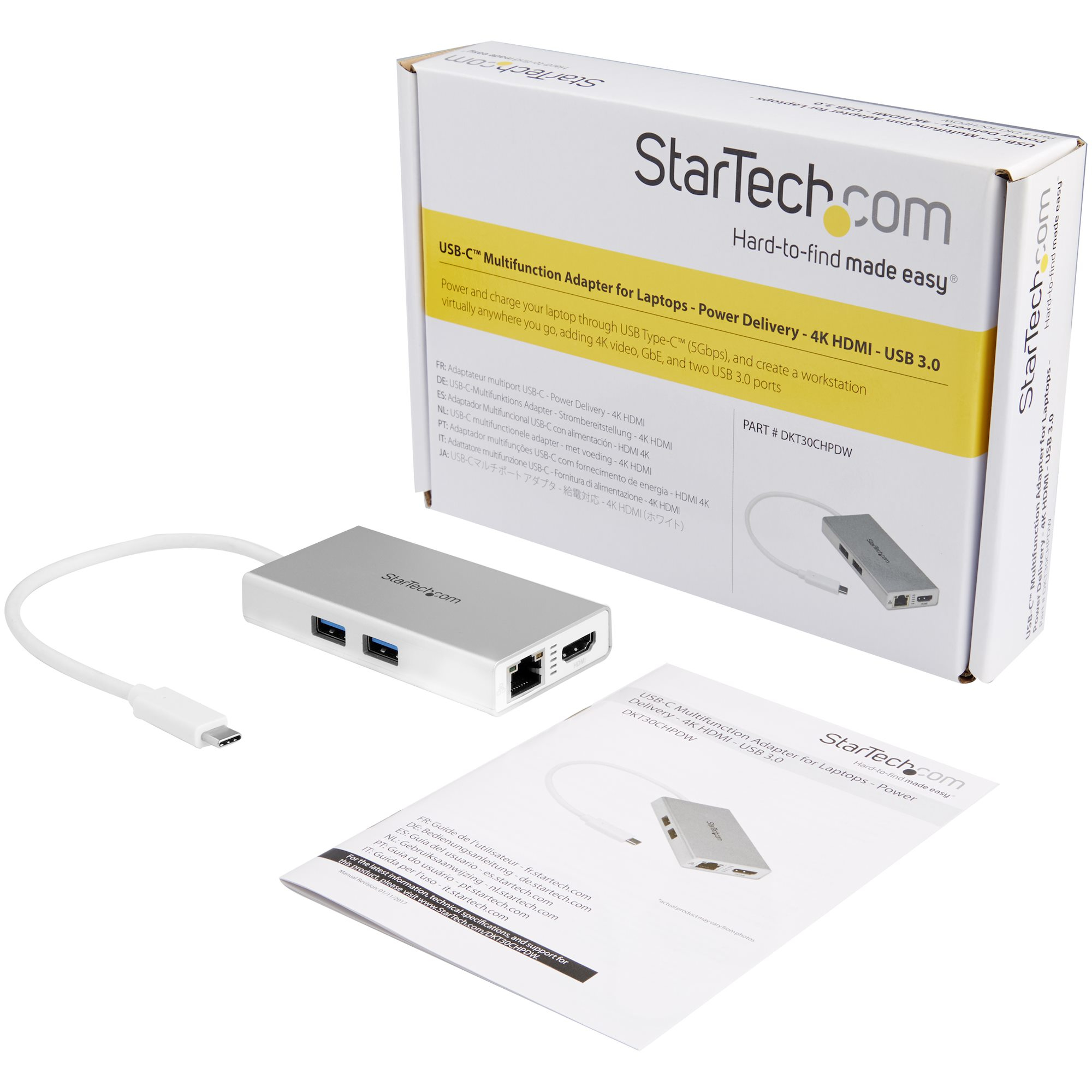 Scatola adattatore USB-C StarTech bianca e grigia con cavi USB e alimentazione.