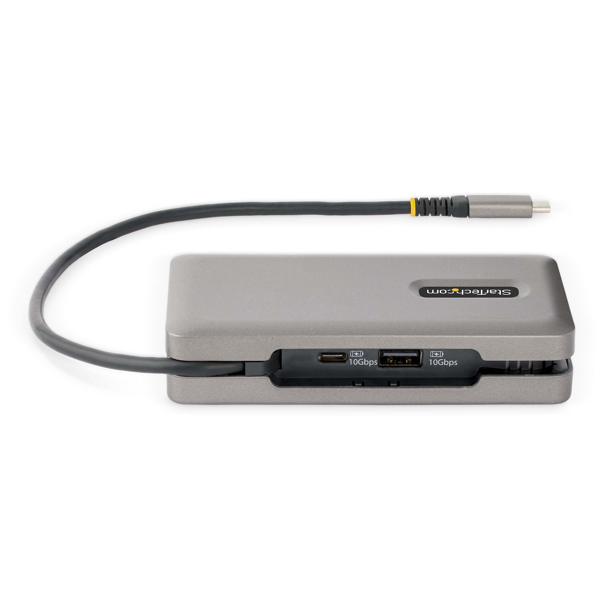 Docking station StarTech argentata. Ha un cavo nero collegato e porte USB. Isolato su sfondo bianco.
