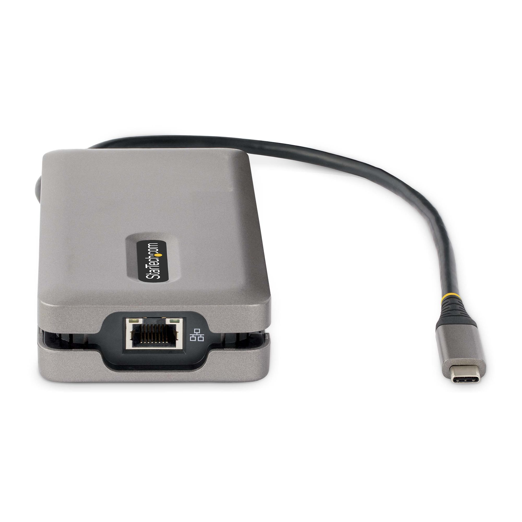 Un adattatore grigio StarTech con cavo nero e connettore per porta di rete.