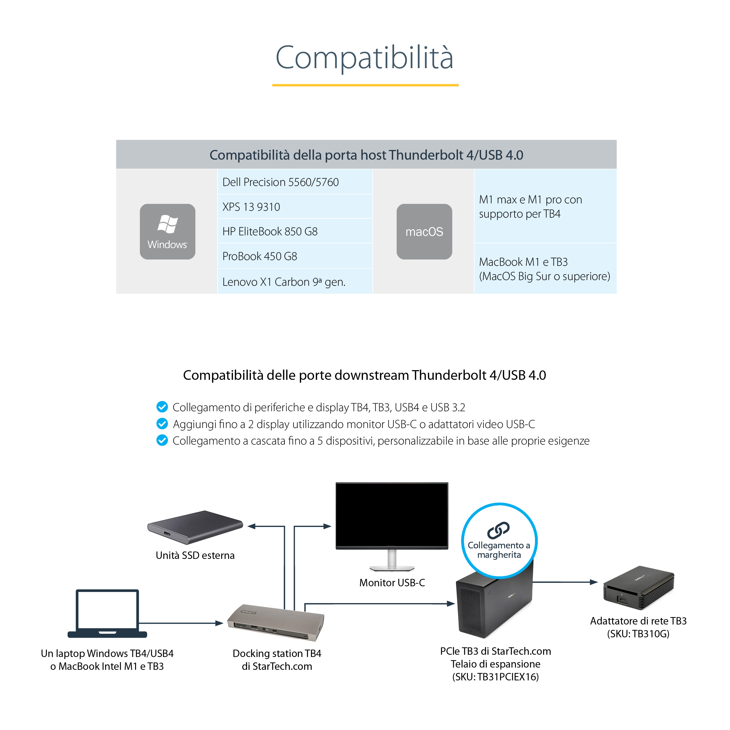 Un grafico che mostra la compatibilità delle porte Thunderbolt 4/USB 4.0 con dispositivi Windows e macOS.