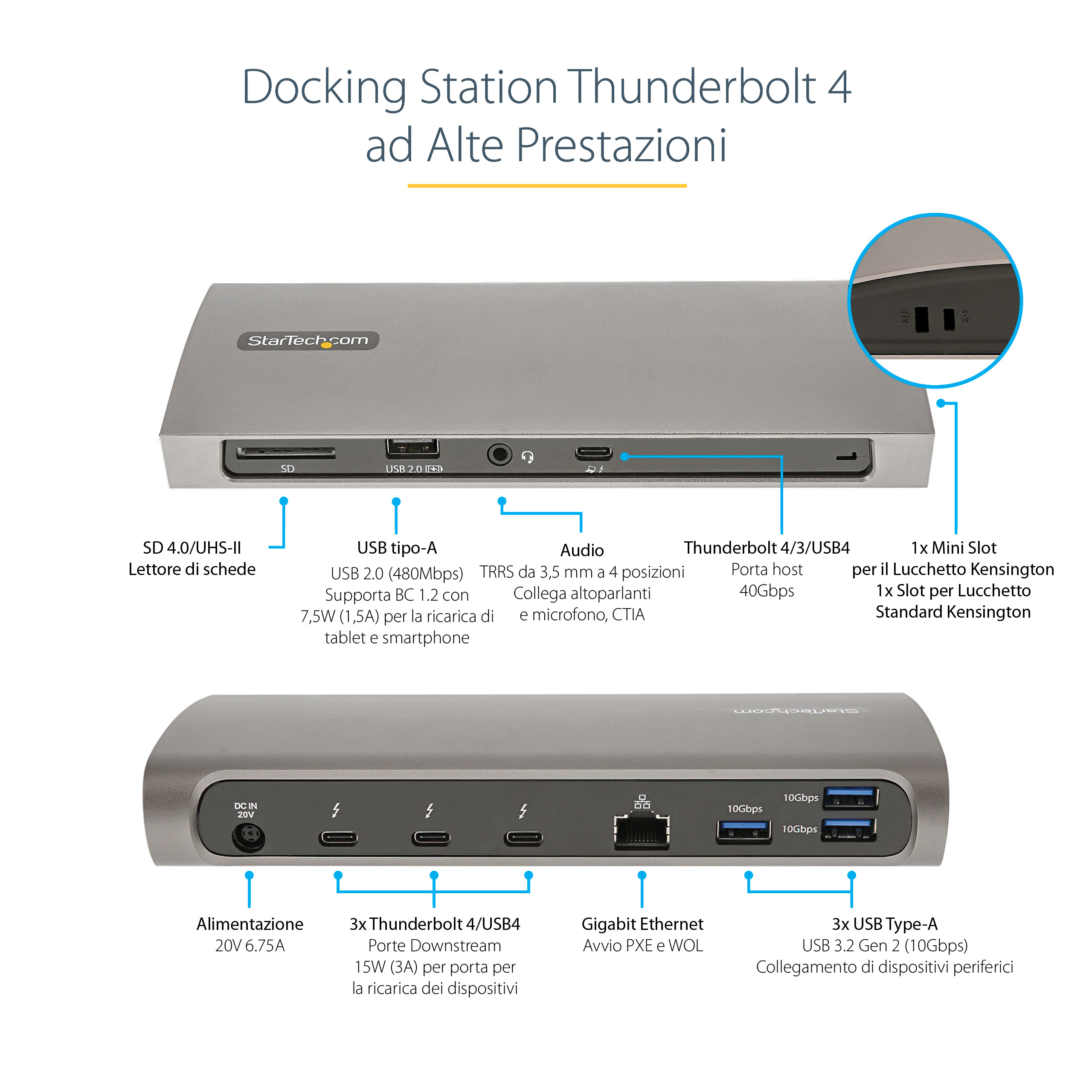 Docking station StarTech grigia con varie porte ed etichette.