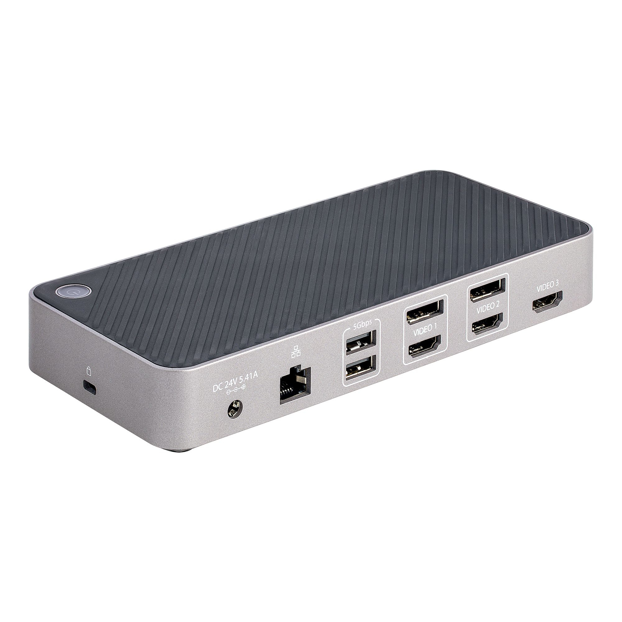 Hub grigio e nero con porte. Parte superiore argentata con un pulsante. Sfondo bianco.