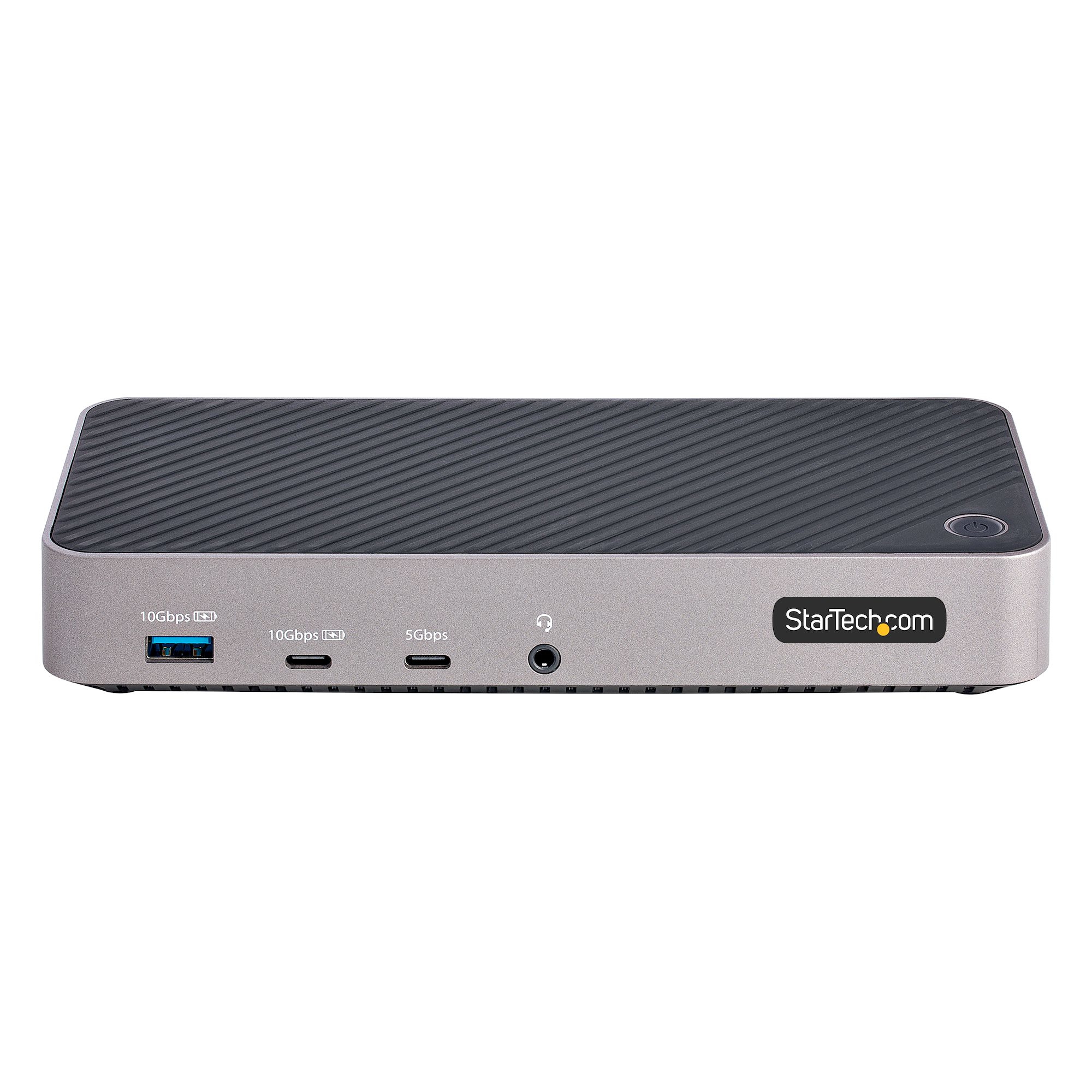 Una docking station StarTech argento e nera con più porte. Ha un pulsante di accensione e il nome del marchio.
