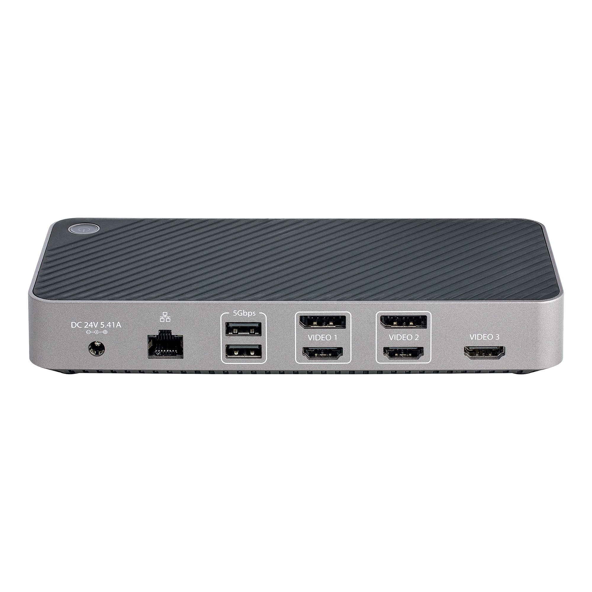 Un dispositivo argentato con più porte. Sono visibili porte HDMI, USB e di alimentazione.