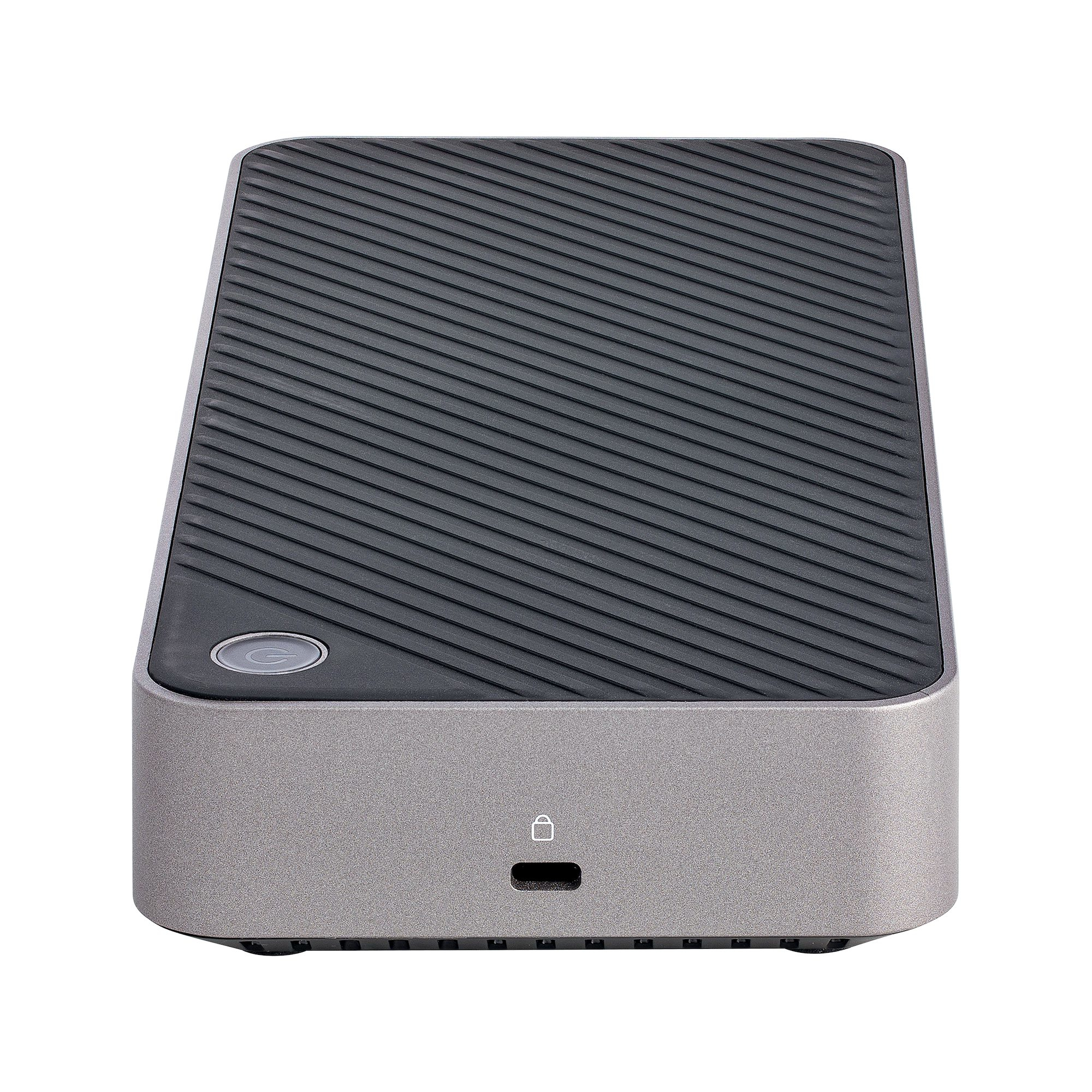 Dispositivo grigio rettangolare con parte superiore scanalata, porta USB anteriore e un pulsante. Sfondo bianco.
