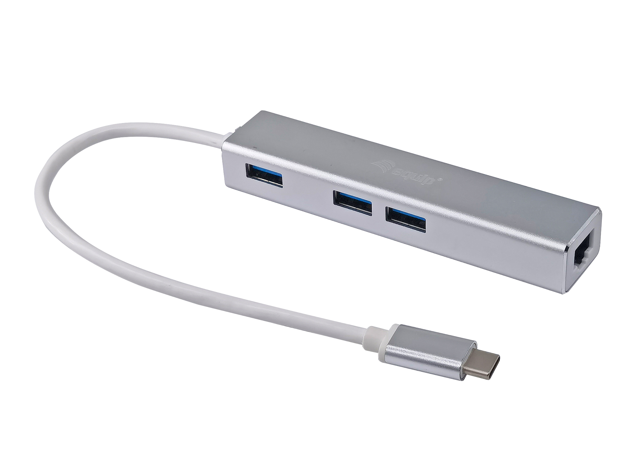 Hub USB argento con tre porte USB e cavo.