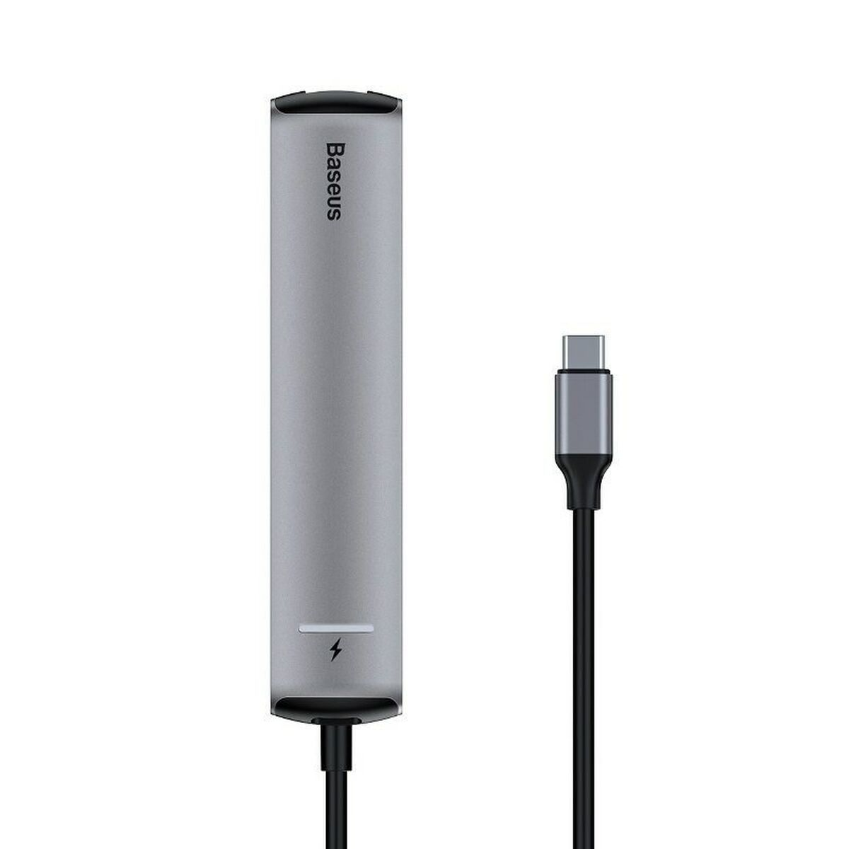 Hub USB-C Baseus argento con cavo USB-C nero su sfondo bianco.
