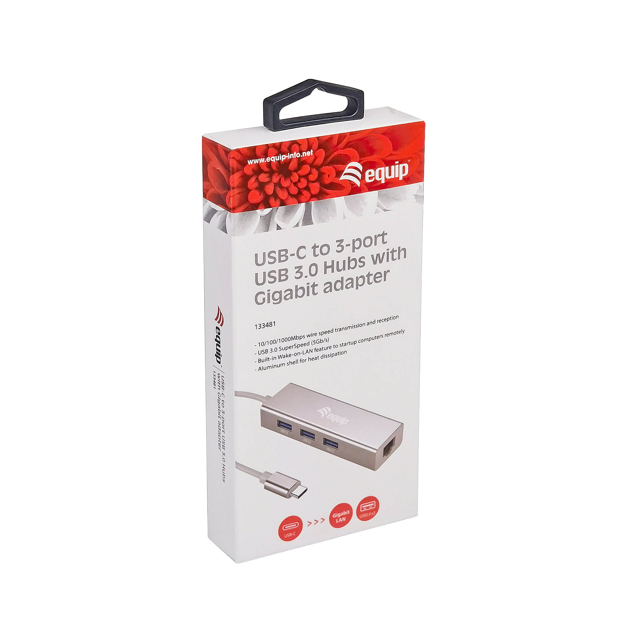 Hub USB-C a 3 porte USB 3.0 con adattatore Gigabit, vista del prodotto.