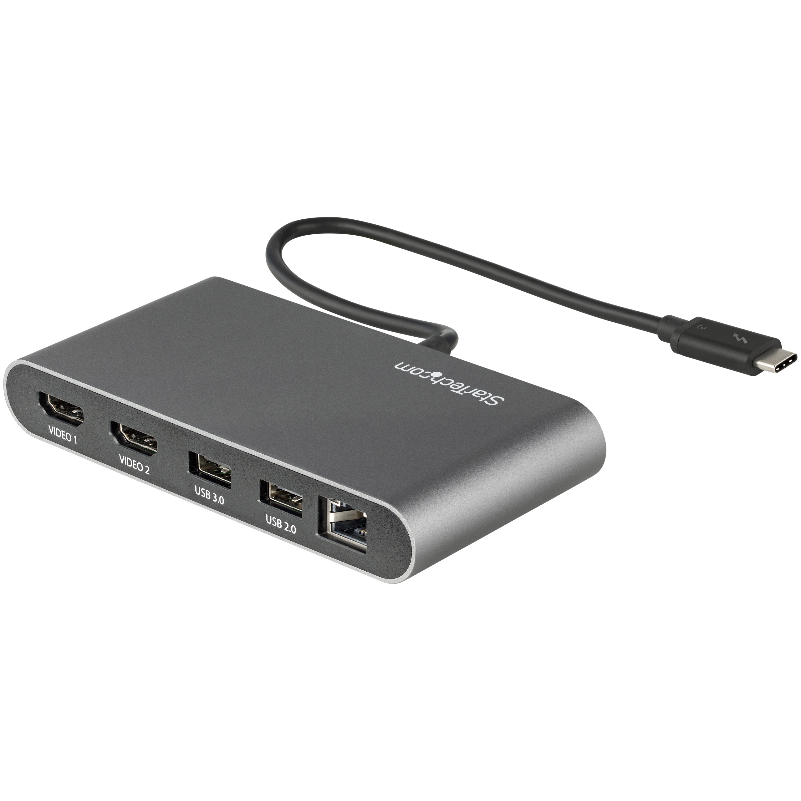 Hub StarTech grigio scuro con più porte e cavo USB-C nero.