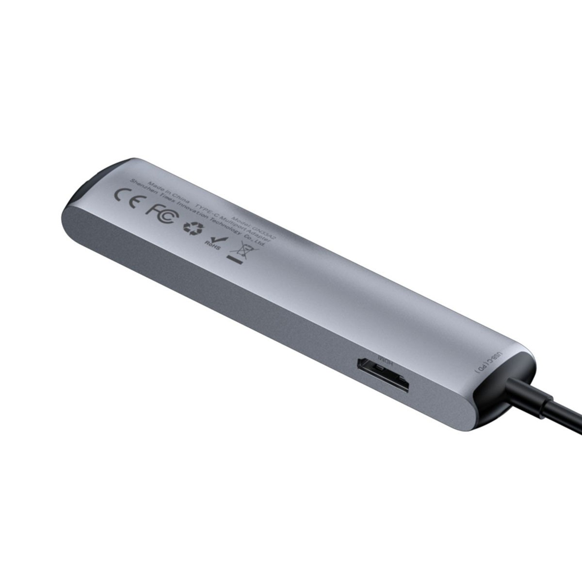 Hub USB argento con porta HDMI e altre porte di connessione, su sfondo bianco.