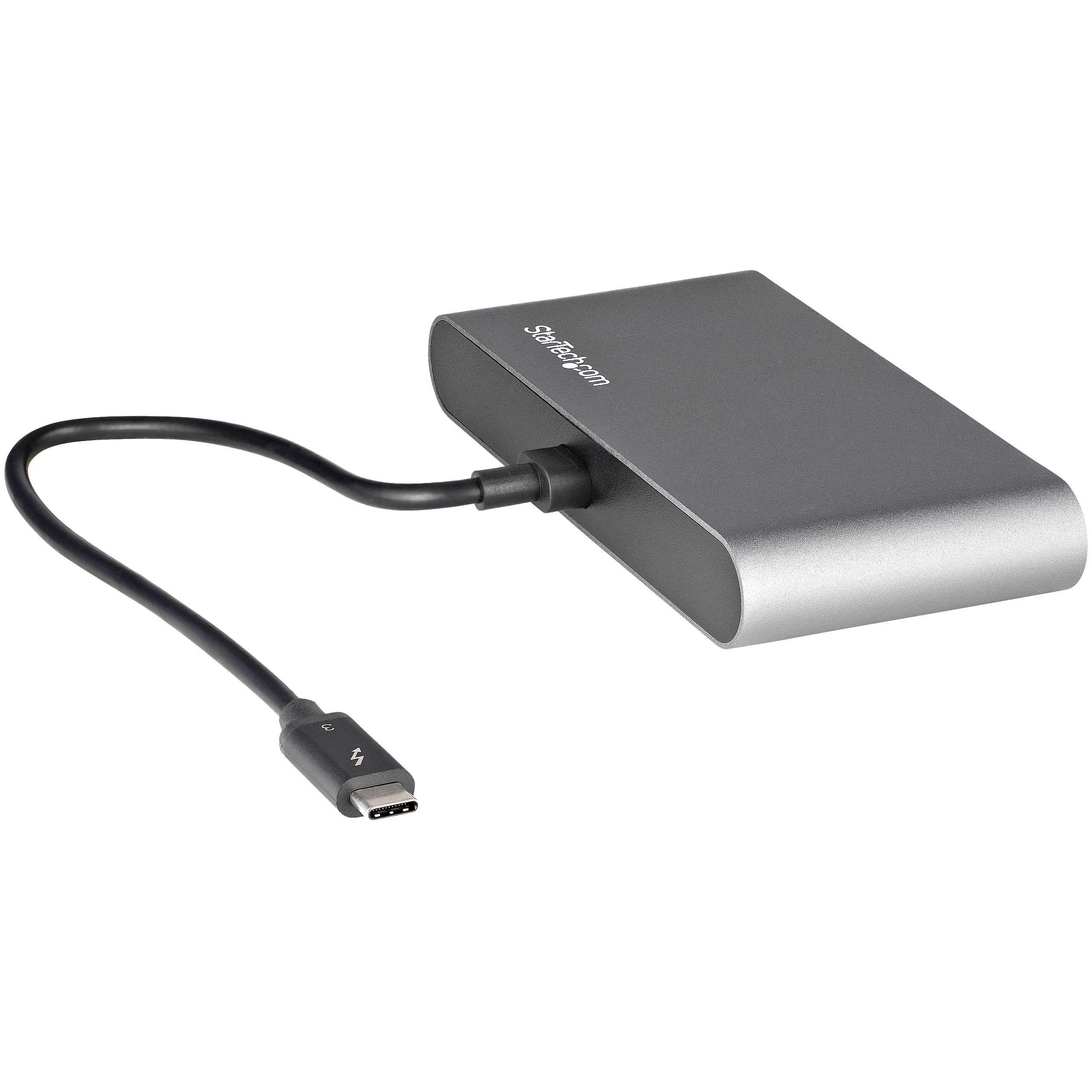 Hub USB-C StarTech grigio con cavo su sfondo bianco.