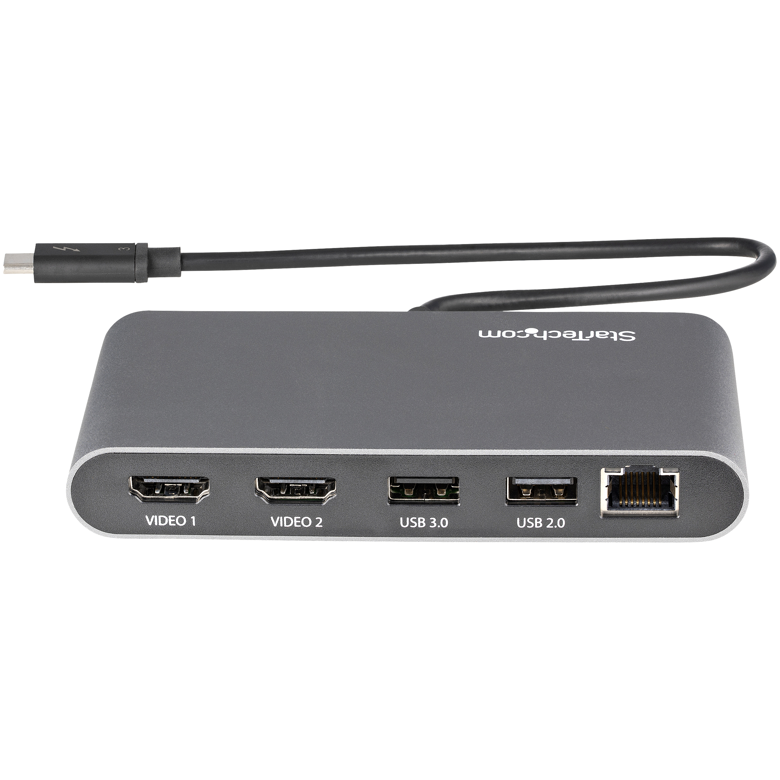 Hub USB-C StarTech grigio con più porte, su sfondo bianco.
