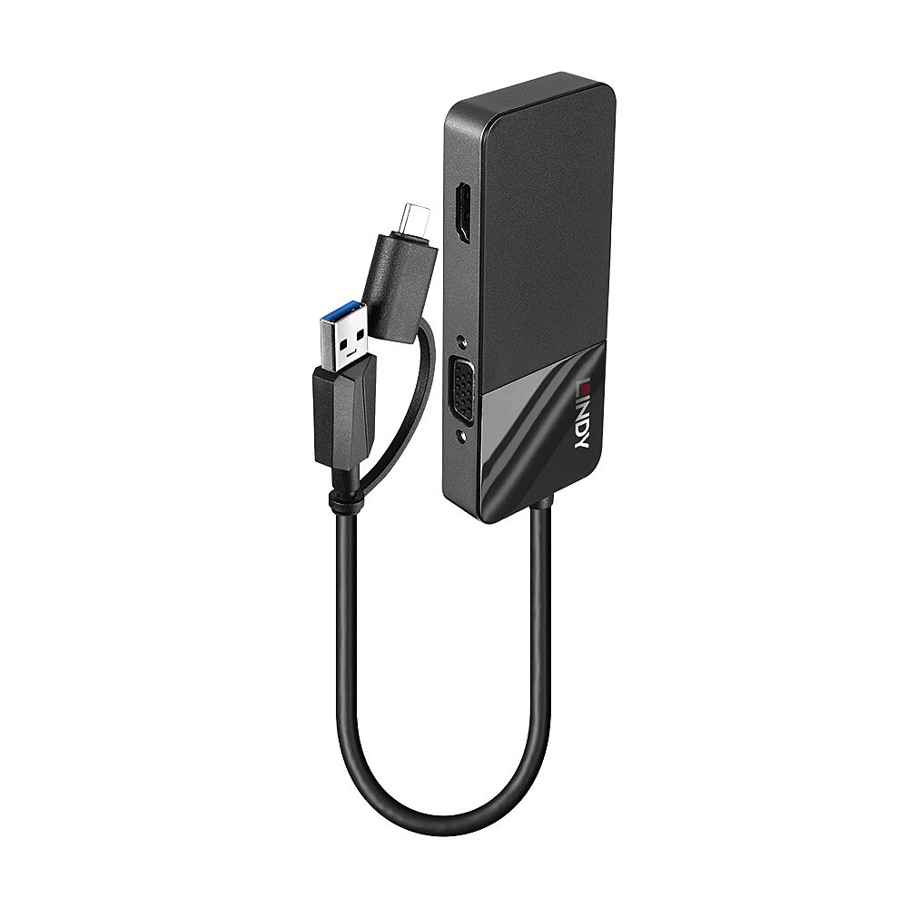 Adattatore USB-C Lindy nero. Connettori per USB, HDMI e VGA. Un cavo nero è collegato all'adattatore.