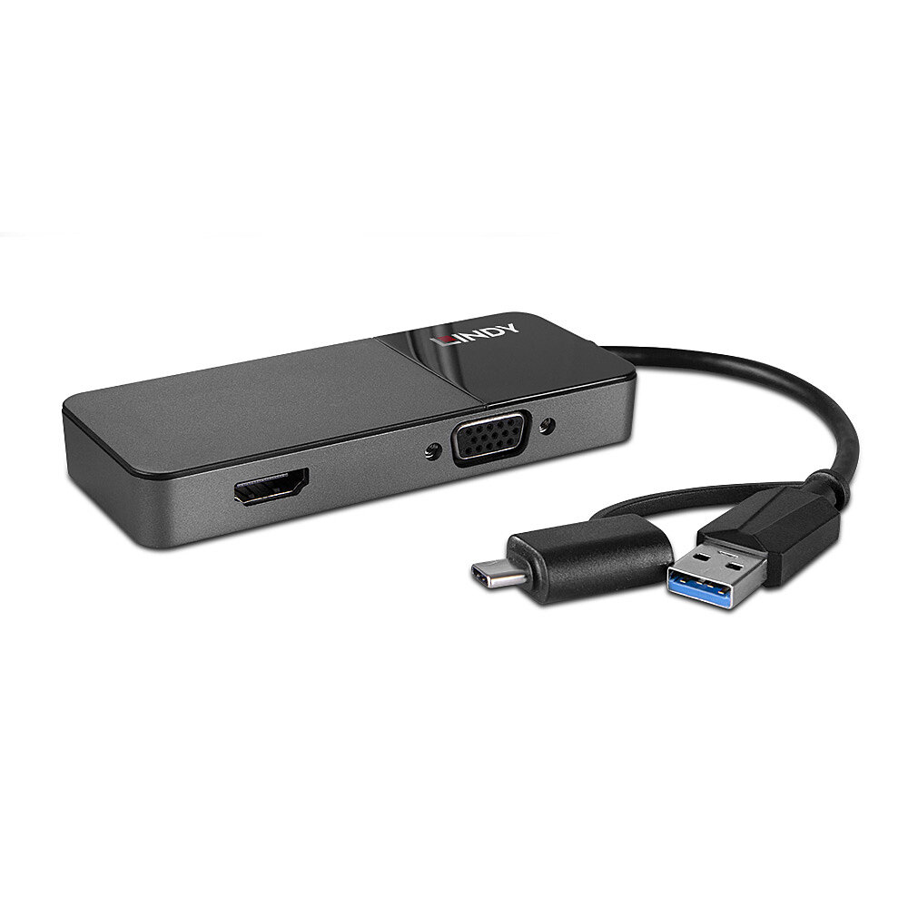 Hub USB-C Lindy nero e grigio. Porte HDMI e VGA, connettori USB-C e USB-A.