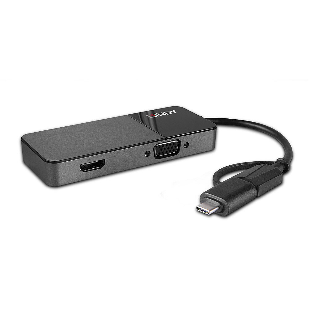 Adattatore nero e grigio con porte HDMI, VGA e USB-C. Sfondo bianco.