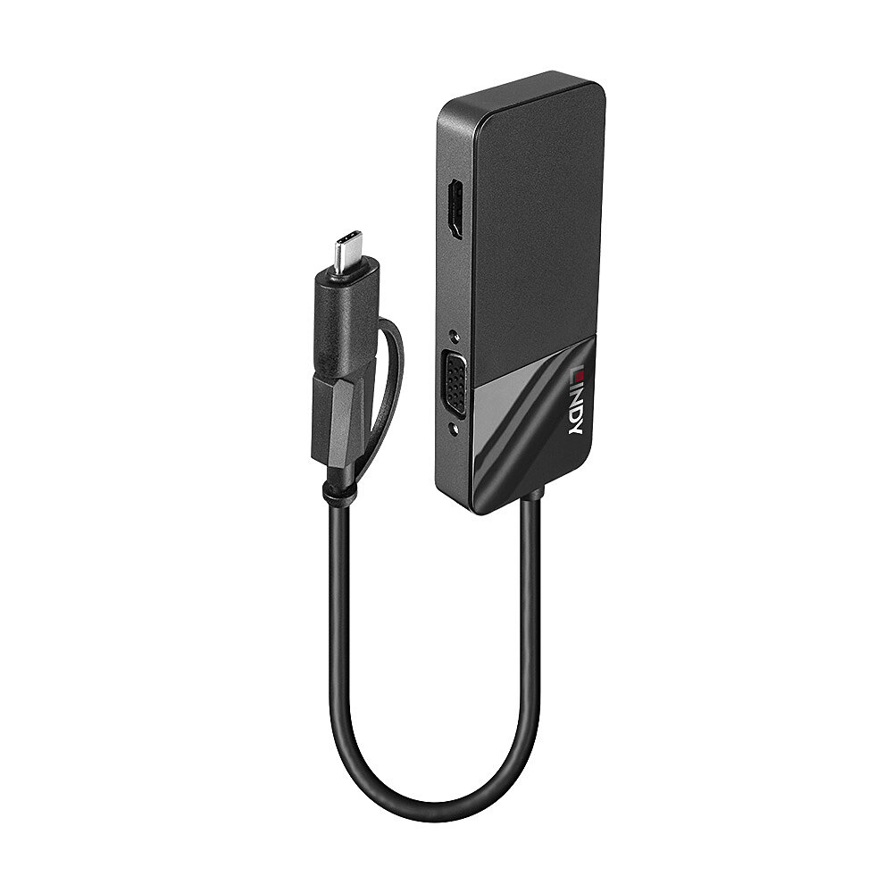 Adattatore nero con connettore USB-C e porta VGA. Il cavo è nero. Sfondo bianco.