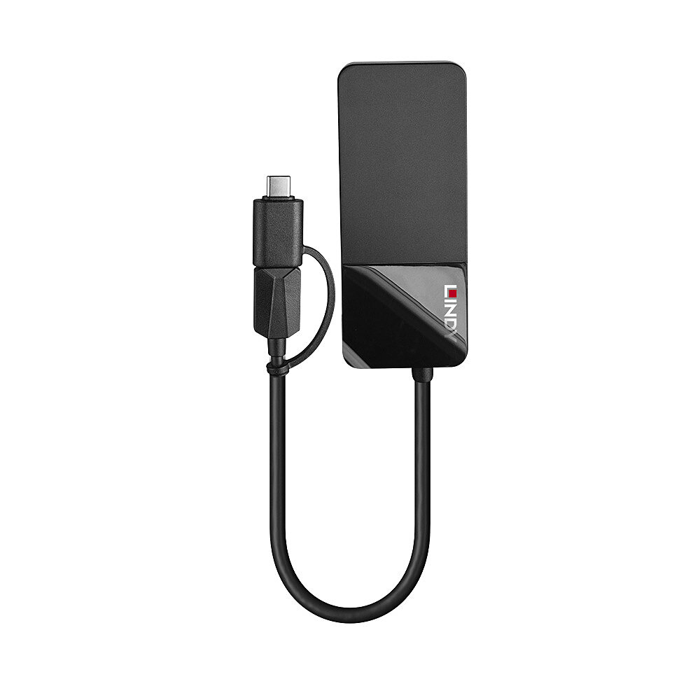 Adattatore LINDY USB-C nero con un connettore USB-C e un altro con un cavo nero.