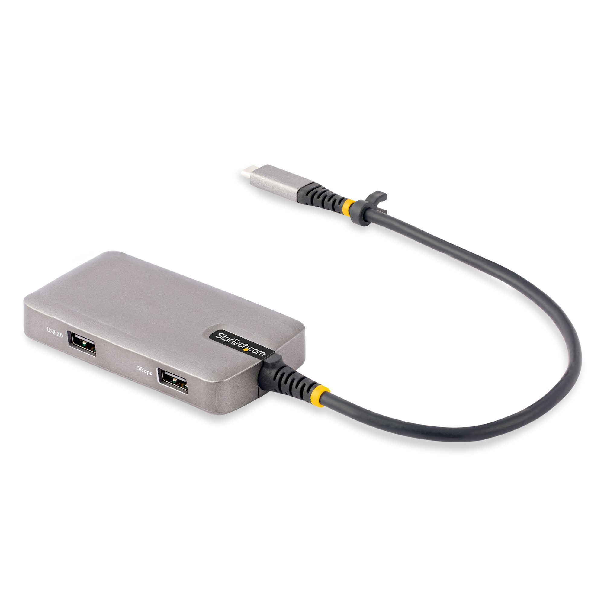 Hub USB grigio con più porte e cavo nero.