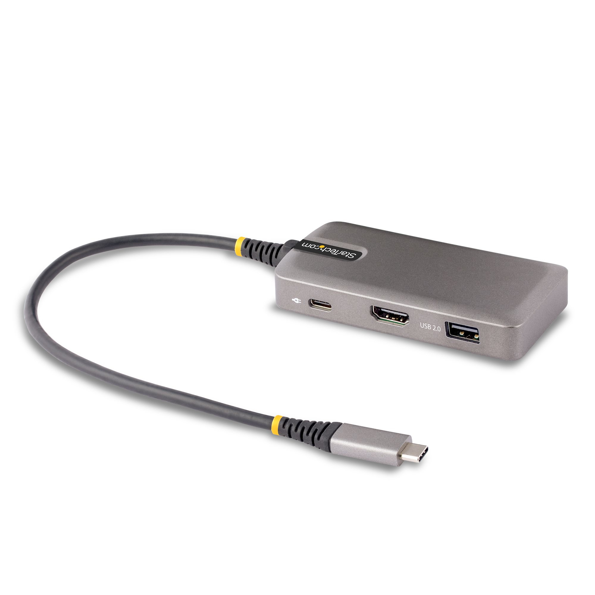 Hub USB grigio con porte HDMI e USB 2.0, e un connettore USB-C.